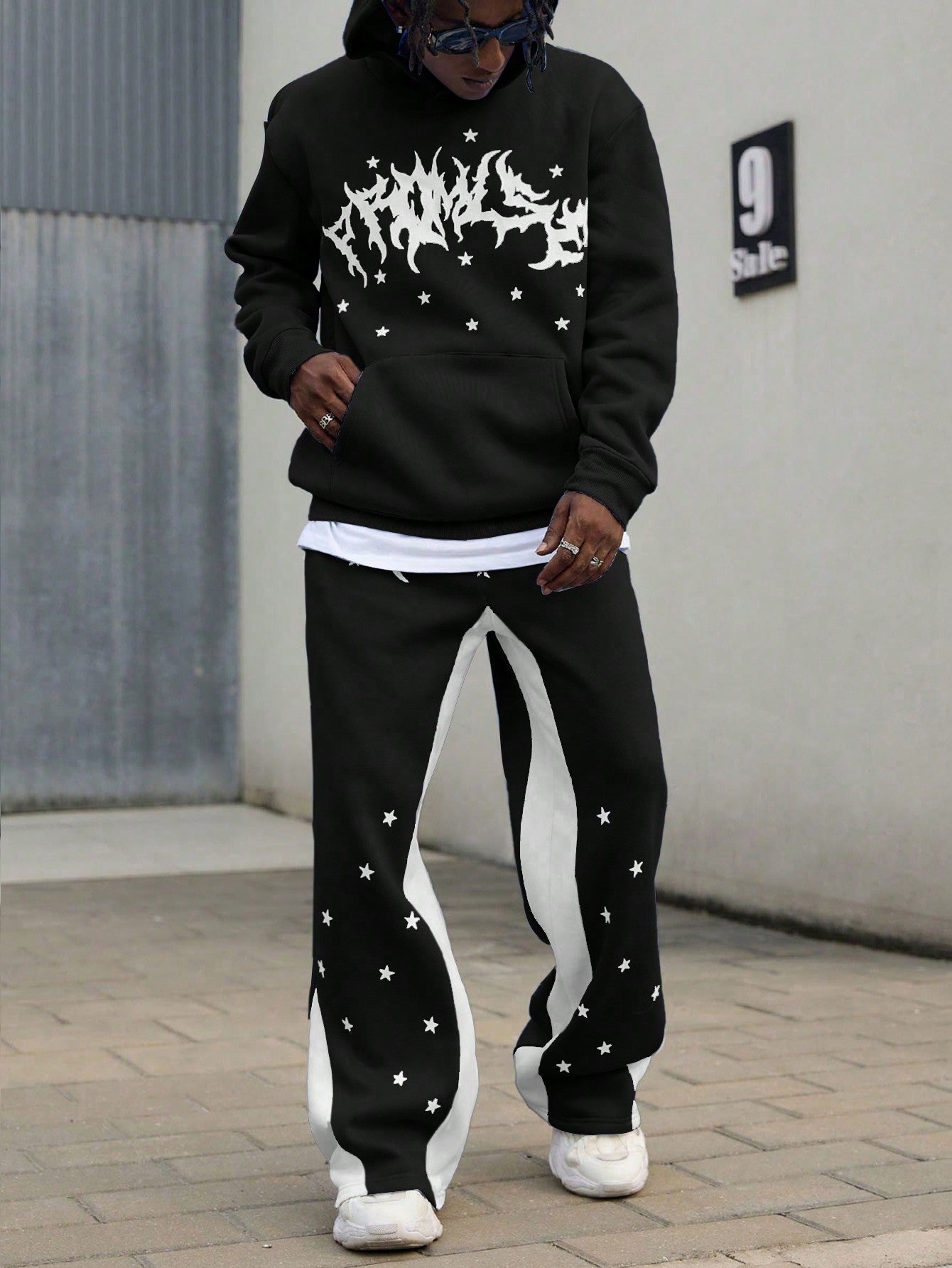 Men Spring And Autumn Casual Set Of Letter Printed Hoodie With Drop Shoulder And Sweatpants