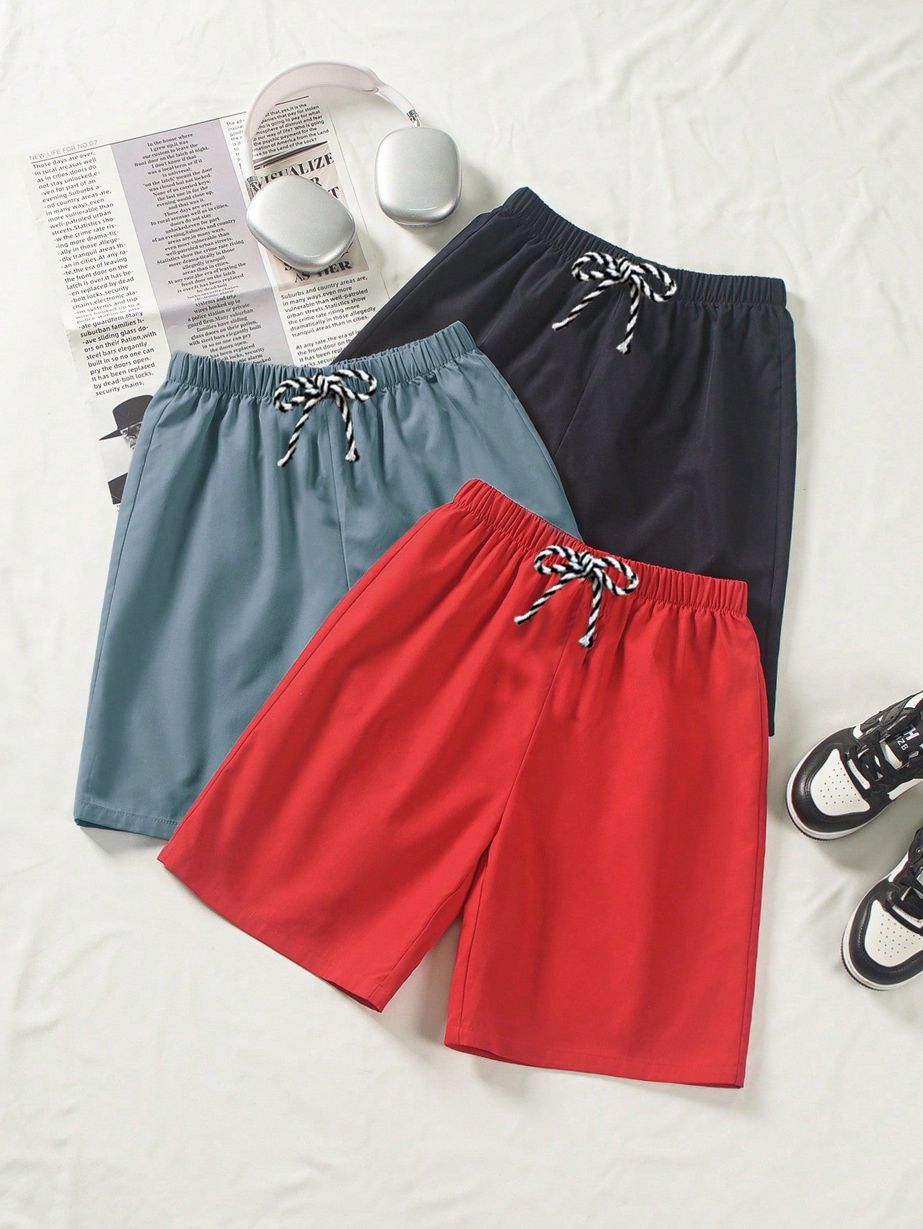 Tween Boy 3pcs/Set Casual Solid Color Wide-Leg Woven Shorts, One Piece In Three Colors