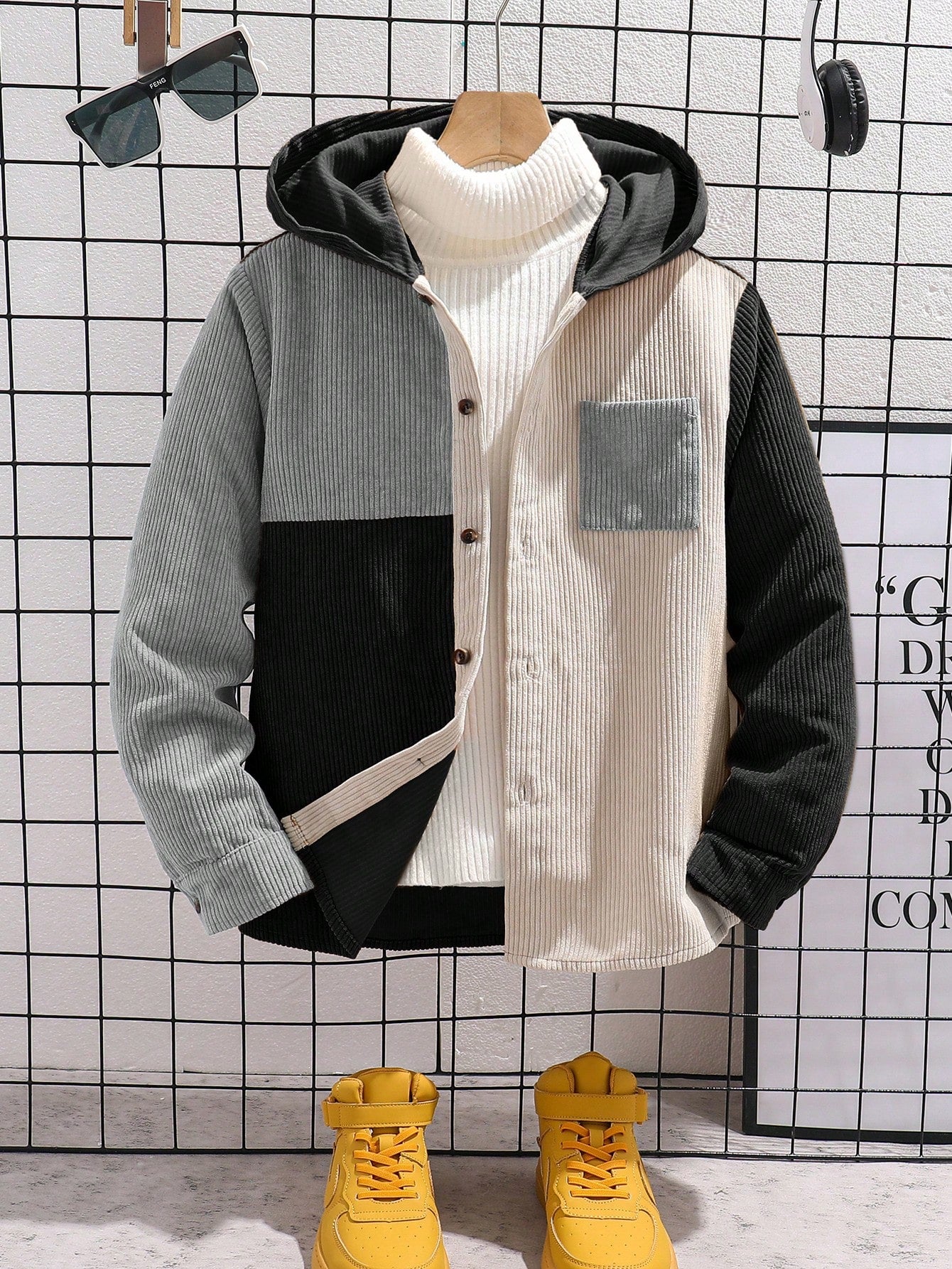 Kids Tween Boy Casual College Vacation Color-Blocked Hooded Cardigan Sweatshirt In Corduroy & Woven Lining