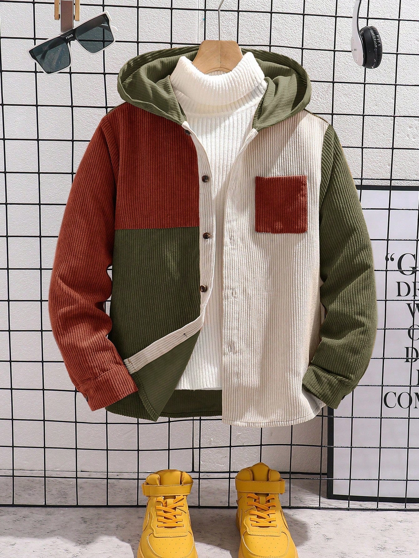 Kids Tween Boy Casual College Vacation Color-Blocked Hooded Cardigan Sweatshirt In Corduroy & Woven Lining