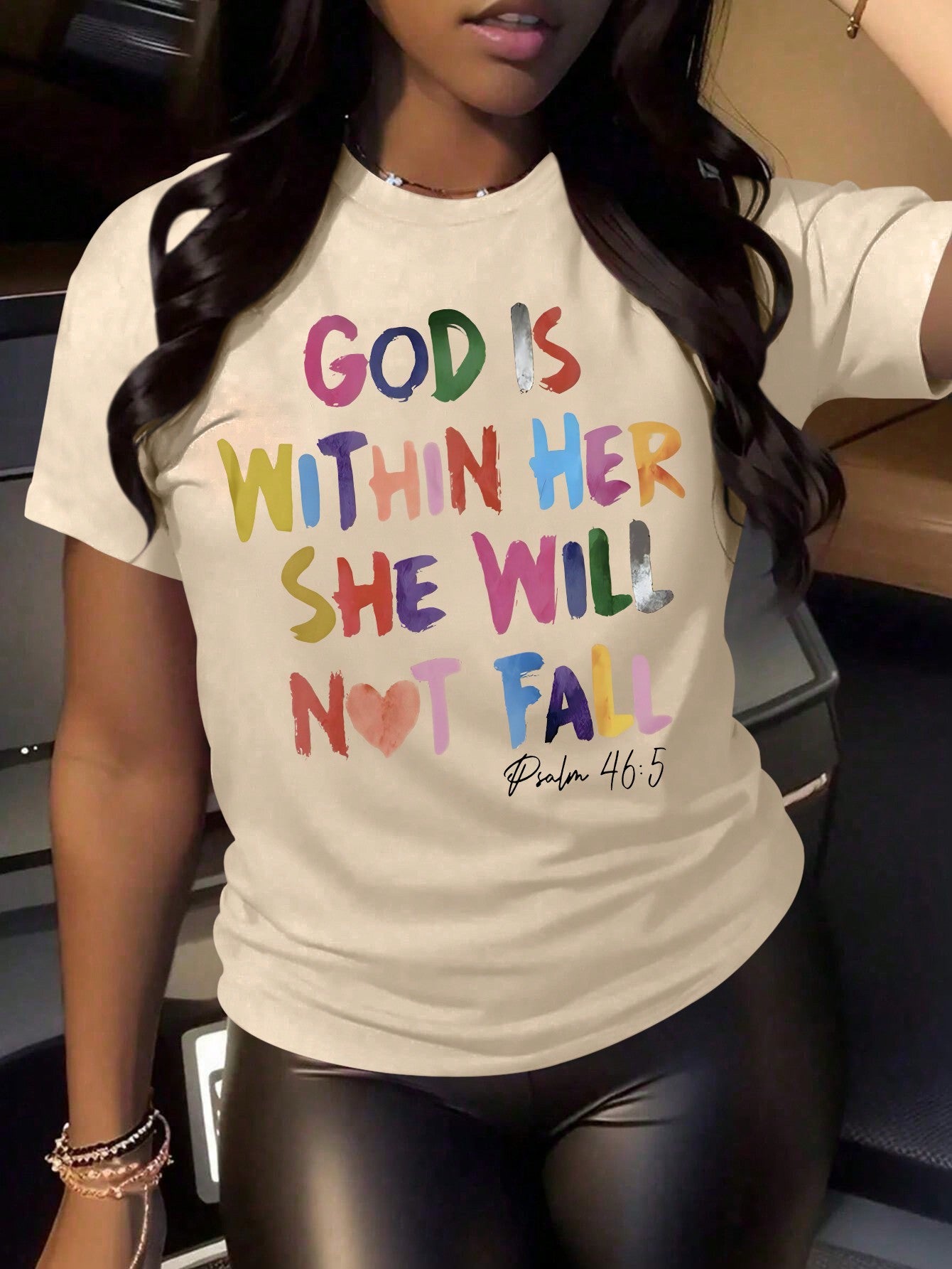 Slogan Printed Round Neck Short Sleeve Casual T-Shirt GOD IS WITHIN HER SHE WILL NOT FALL Psalm 465