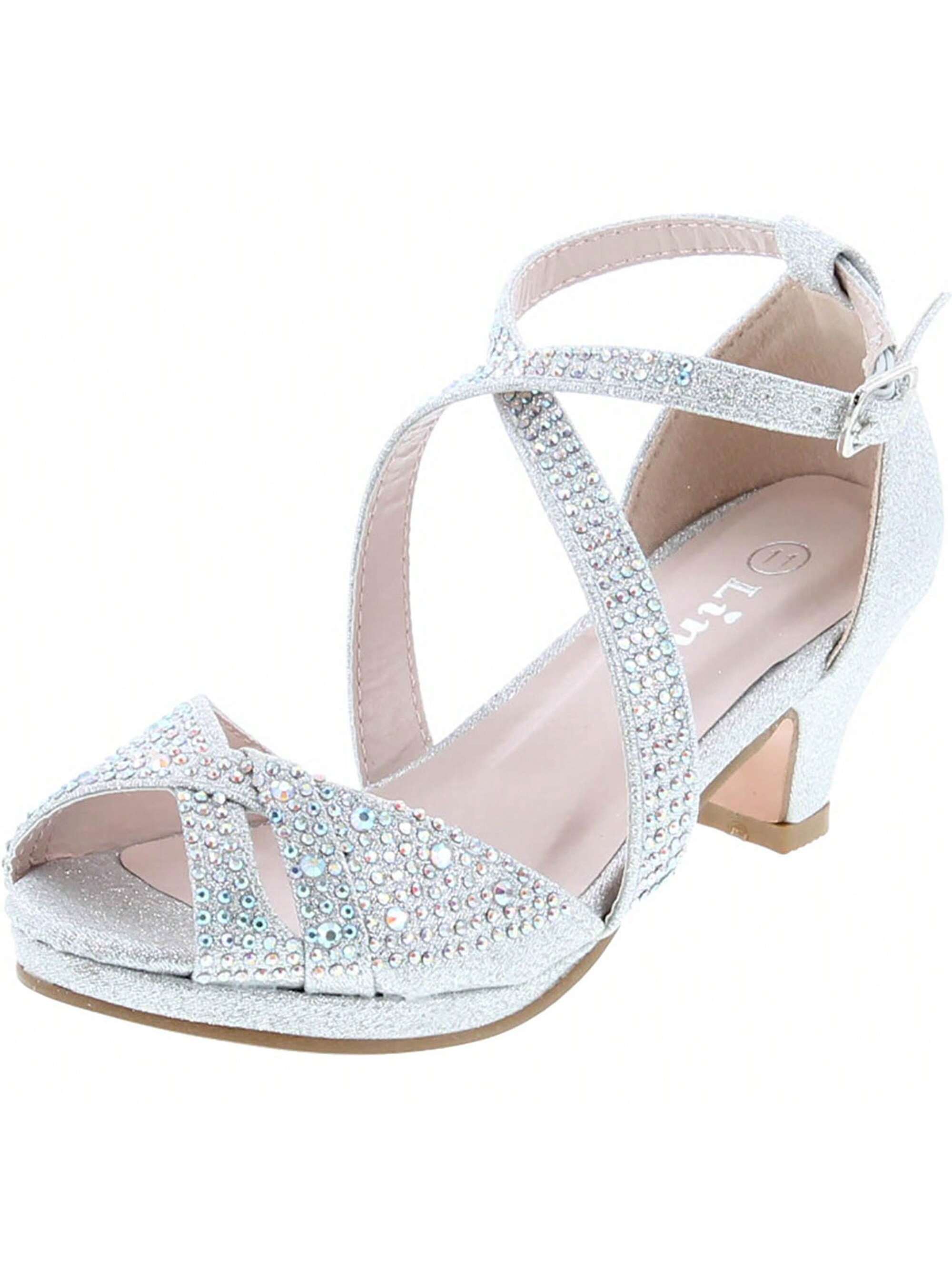 Girl's Rhinestone Criss Cross Ankle Strap Chunk Heel Sandals