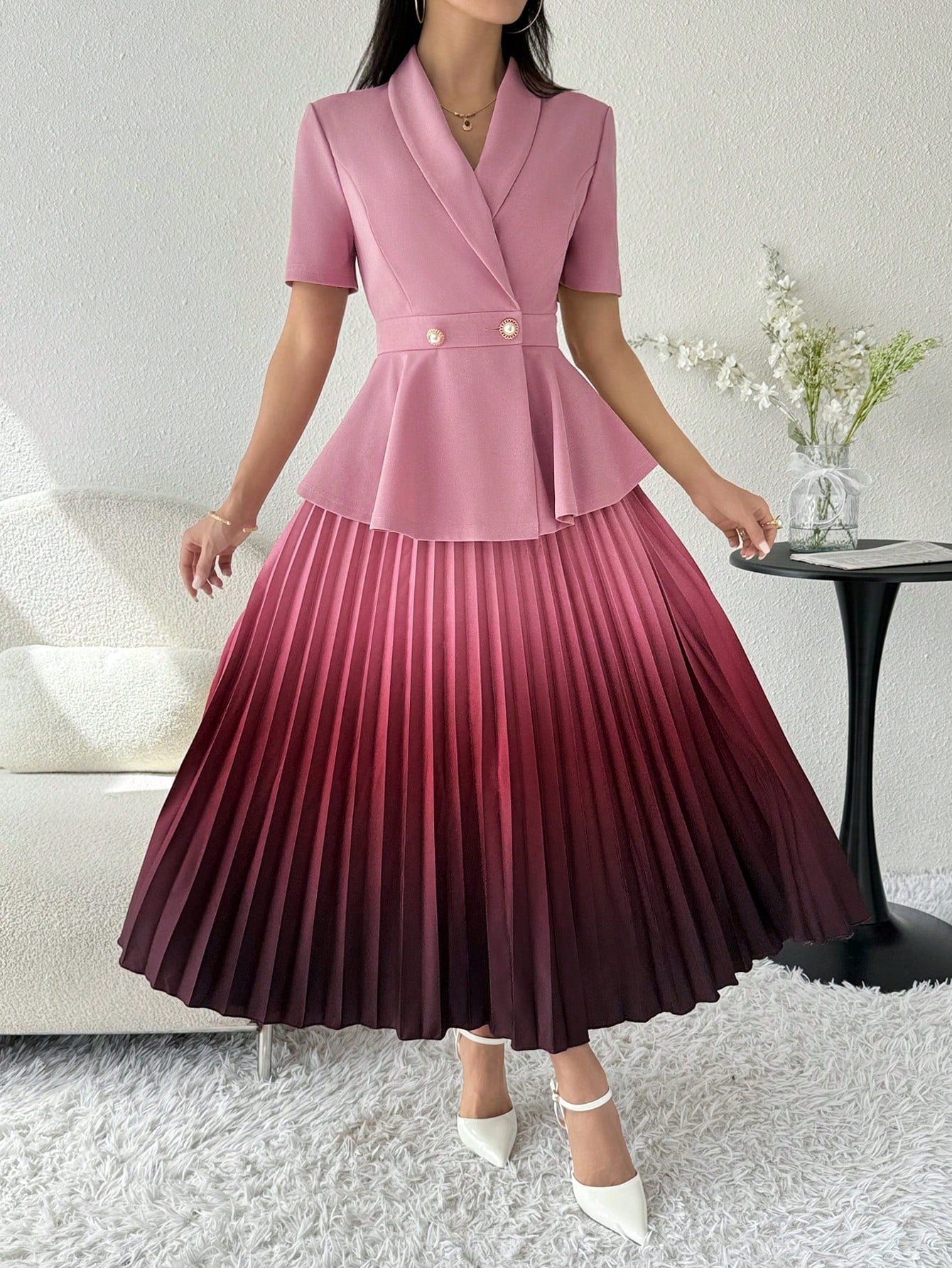 Modely Women's Buttoned Pleated Quinoa Collar Short Sleeve Blazer And Ombré Pleated Skirt Set