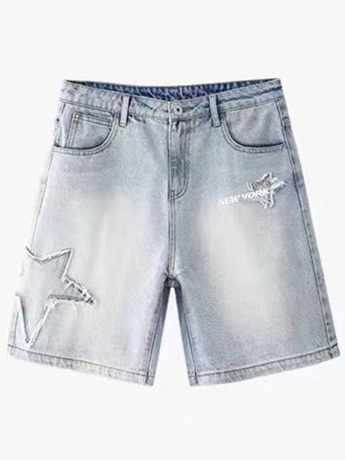 Street Life Men's Loose Fit Denim Shorts With Printed Letters, Stars And Patches, Suitable For Daily Wear, Spring And Summer