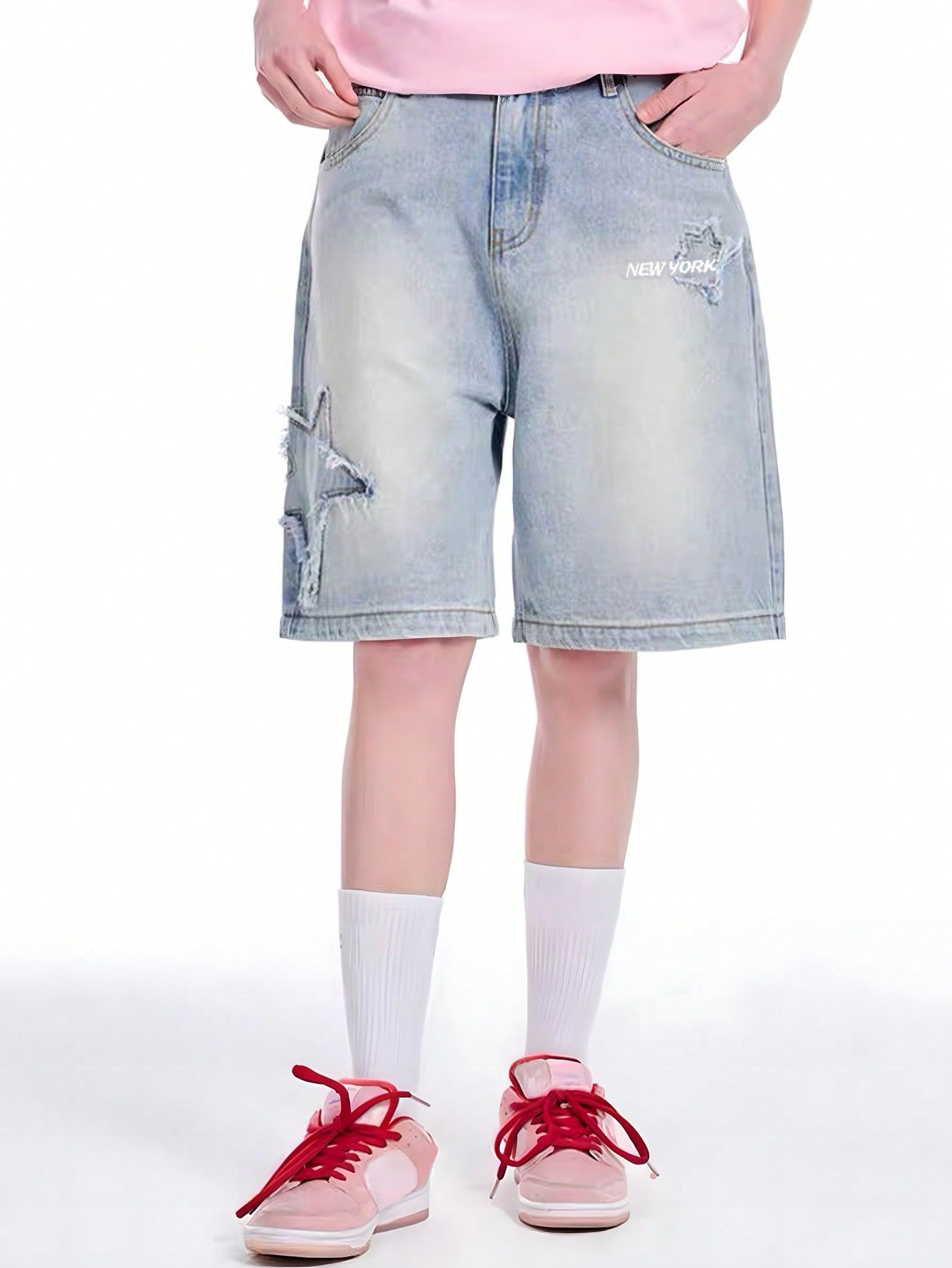 Street Life Men's Loose Fit Denim Shorts With Printed Letters, Stars And Patches, Suitable For Daily Wear, Spring And Summer