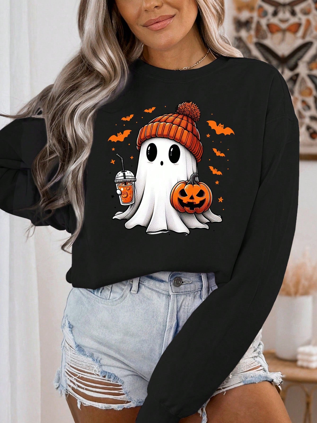 Cartoon Ghost & Pumpkin Print Crew Neck Sweatshirt