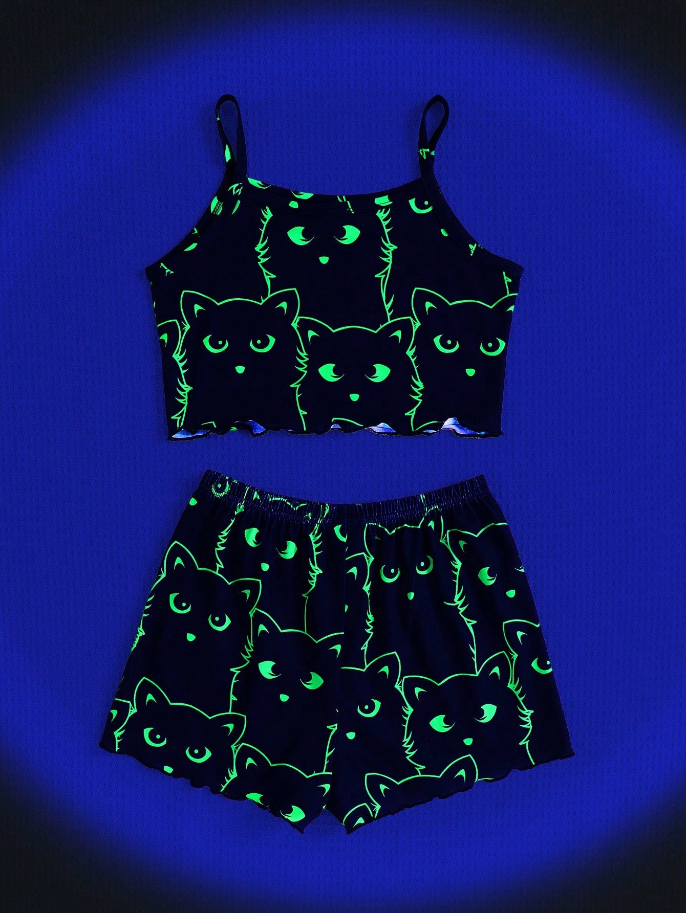 Tween Girl Cute Cat Patterned Glow-In-The-Dark Summer Comfortable Casual Tank Top And Shorts Set, Home Sleepwear