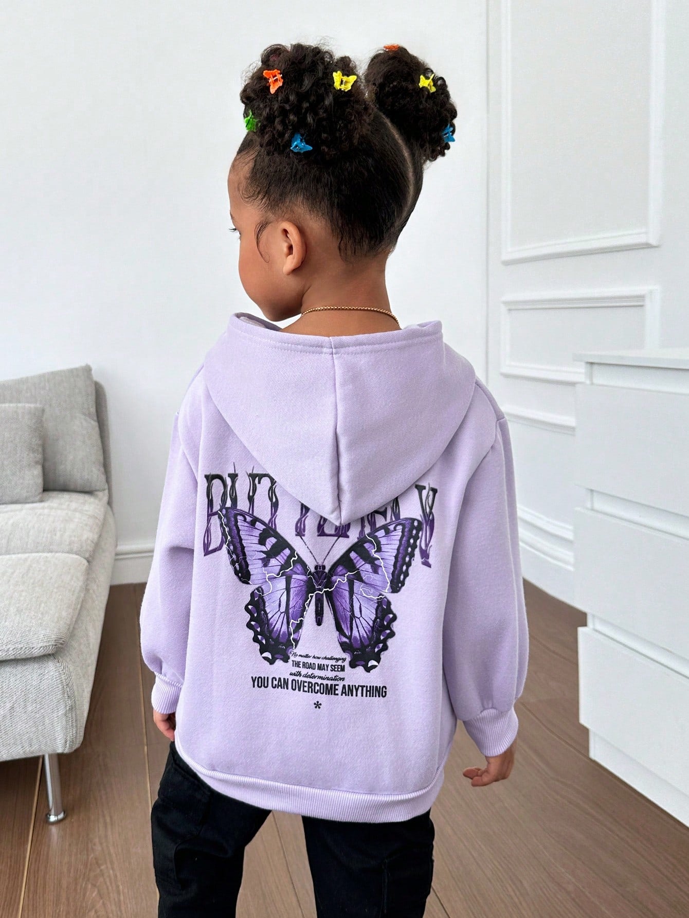 Young Girl Slogan & Butterfly Print Drop Shoulder Hoodie