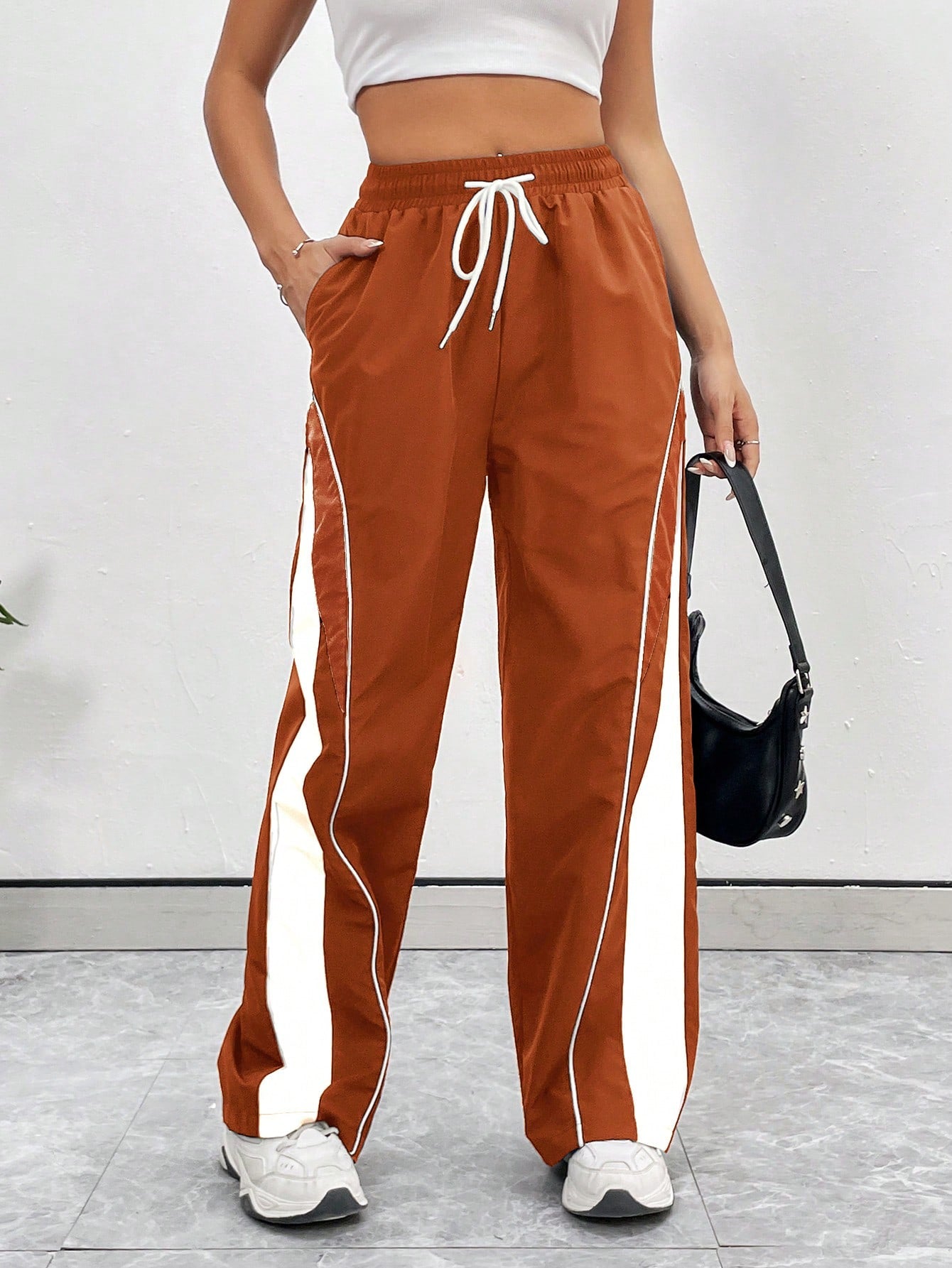 Women's Drawstring Waist Two-Tone Casual Sports Pants With Side Pockets