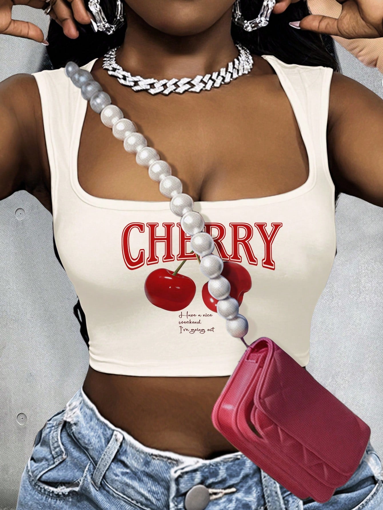 Cherry Fruit Print Square Neck Vest Top For Women, Suitable For Summer