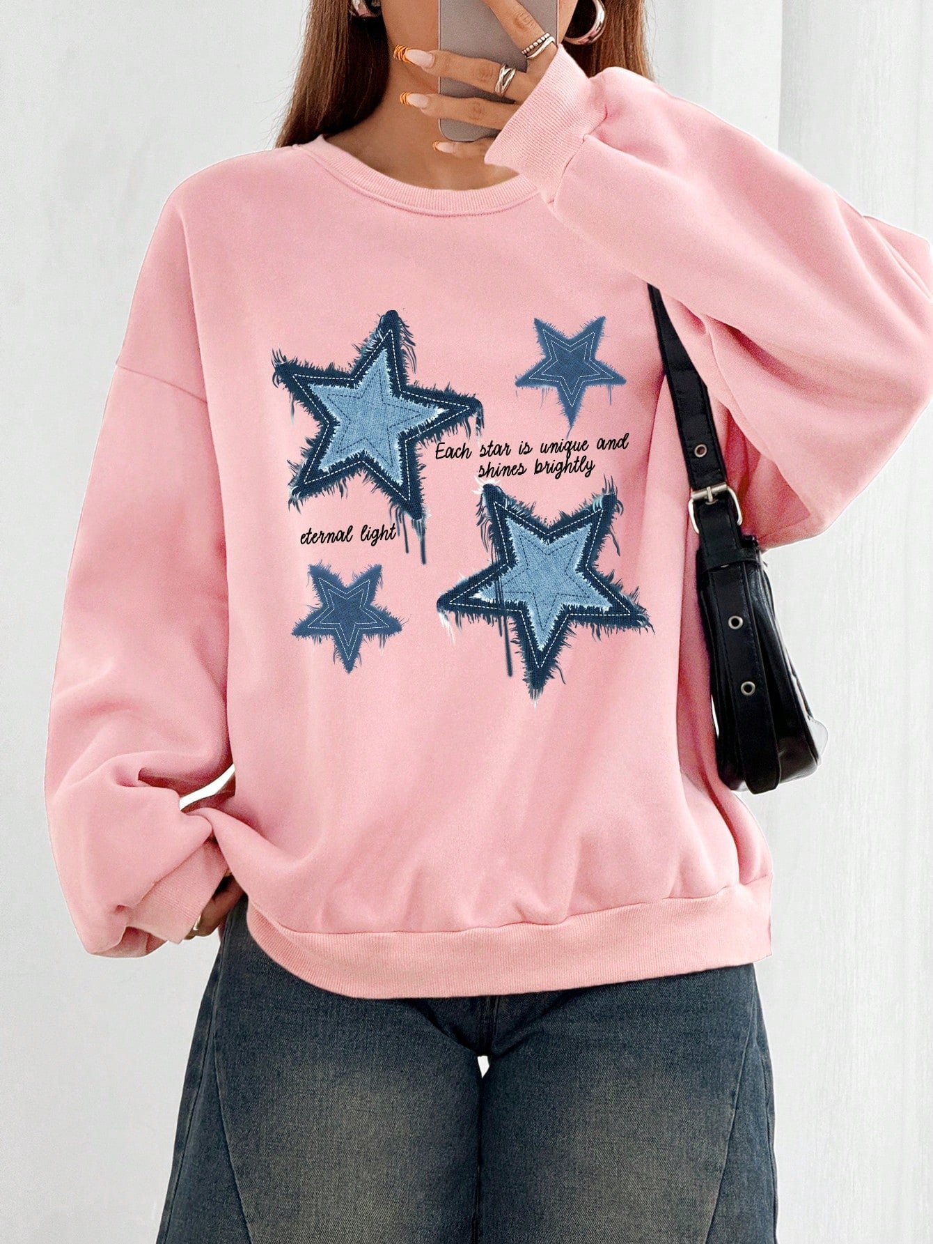 Casual Blue Star Print White Round Neck Long Sleeve Oversize Loose Women's Sweatshirt With Applique Each Star Is Unique And Shines Brightly Eternal Light