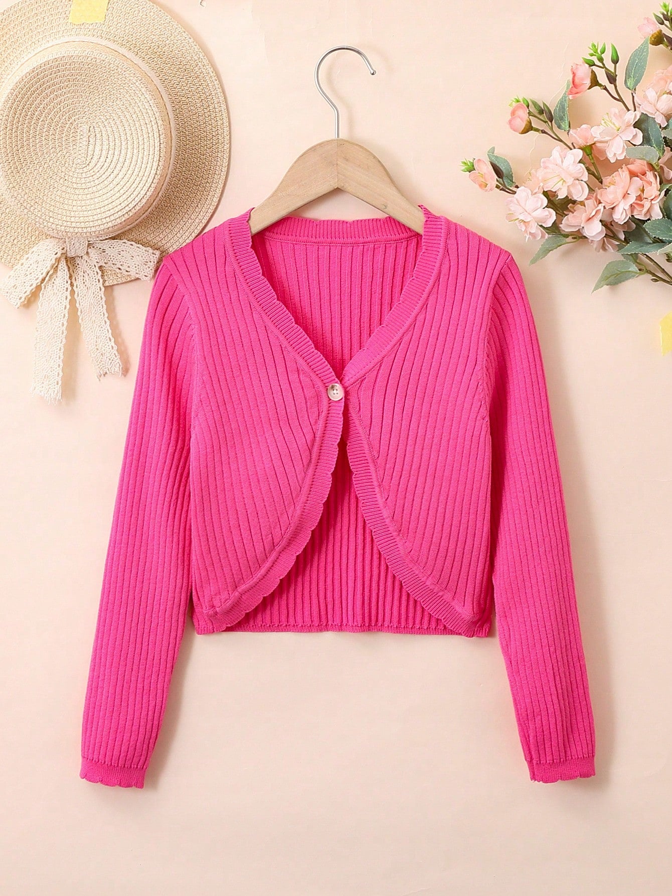 Tween Girl Scallop Trim Ribbed Knit Cardigan