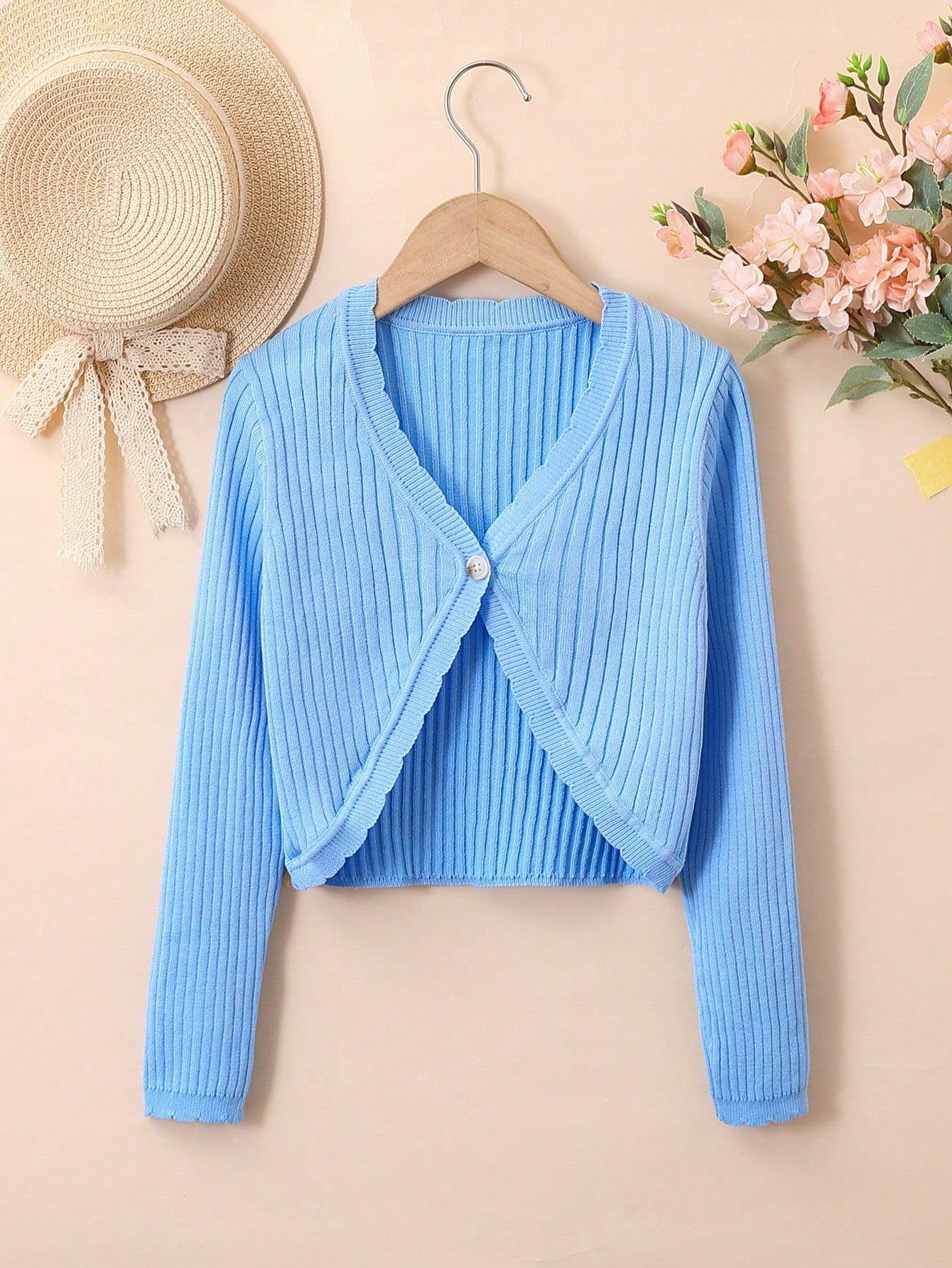 Tween Girl Scallop Trim Ribbed Knit Cardigan