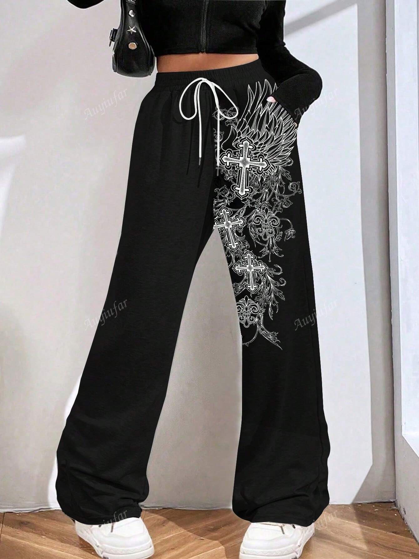 Gothic Valentine Floral Cross Drawstring Pants