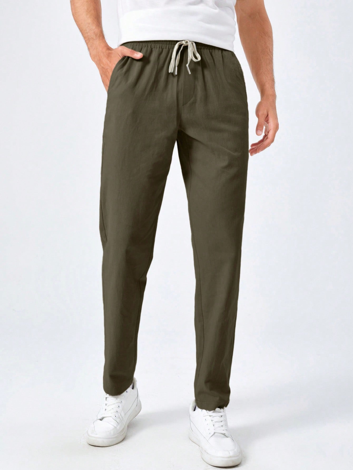 Men Cotton Drawstring Waist Pocket Patched Pants Tapered Long Slacks Linen Daddy Plain Going Out Husband