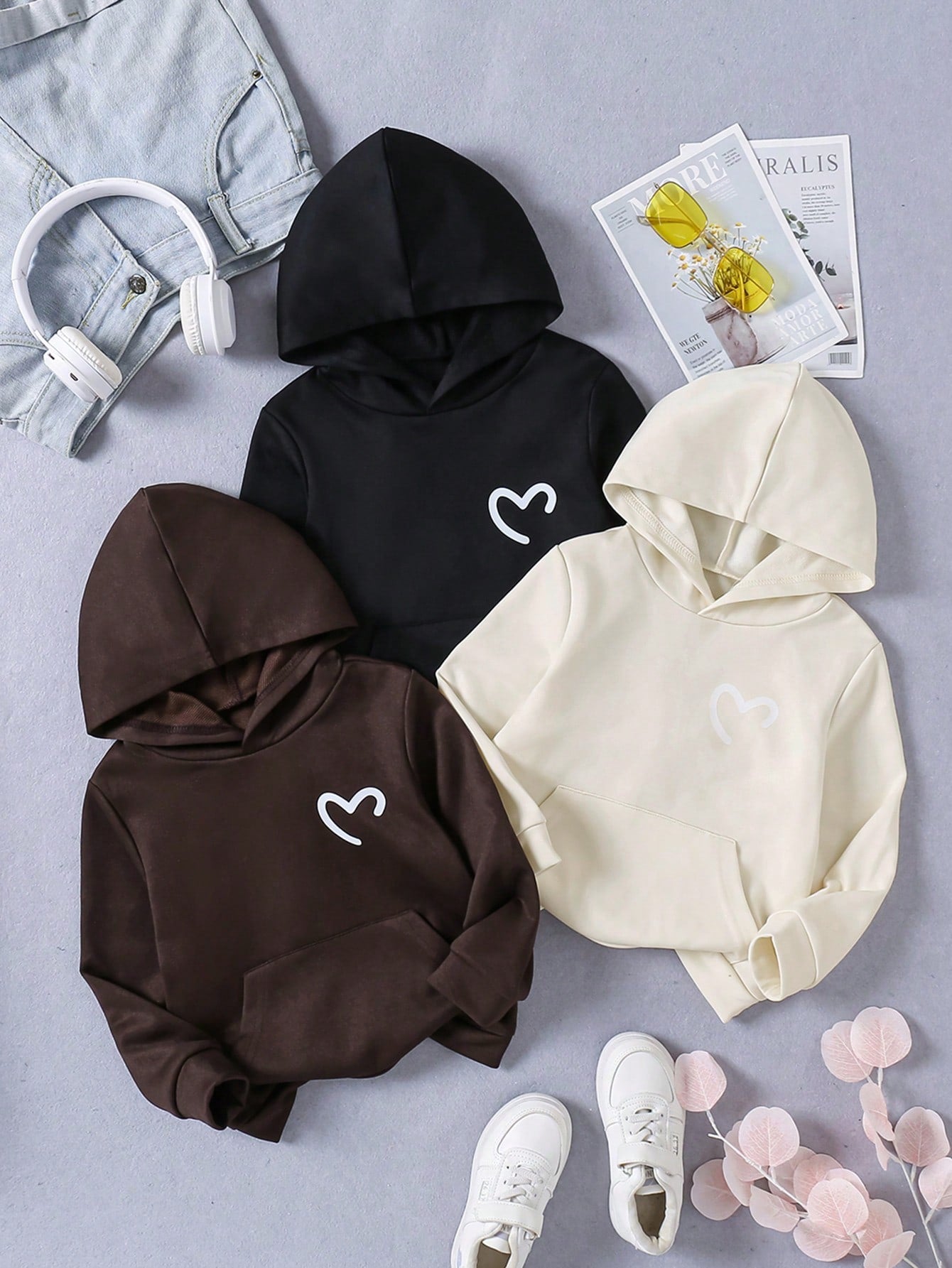 Kids Young Girl Classic & Minimalist & Comfortable Three Pieces Hooded Sweatshirt Set For Autumn And Winter