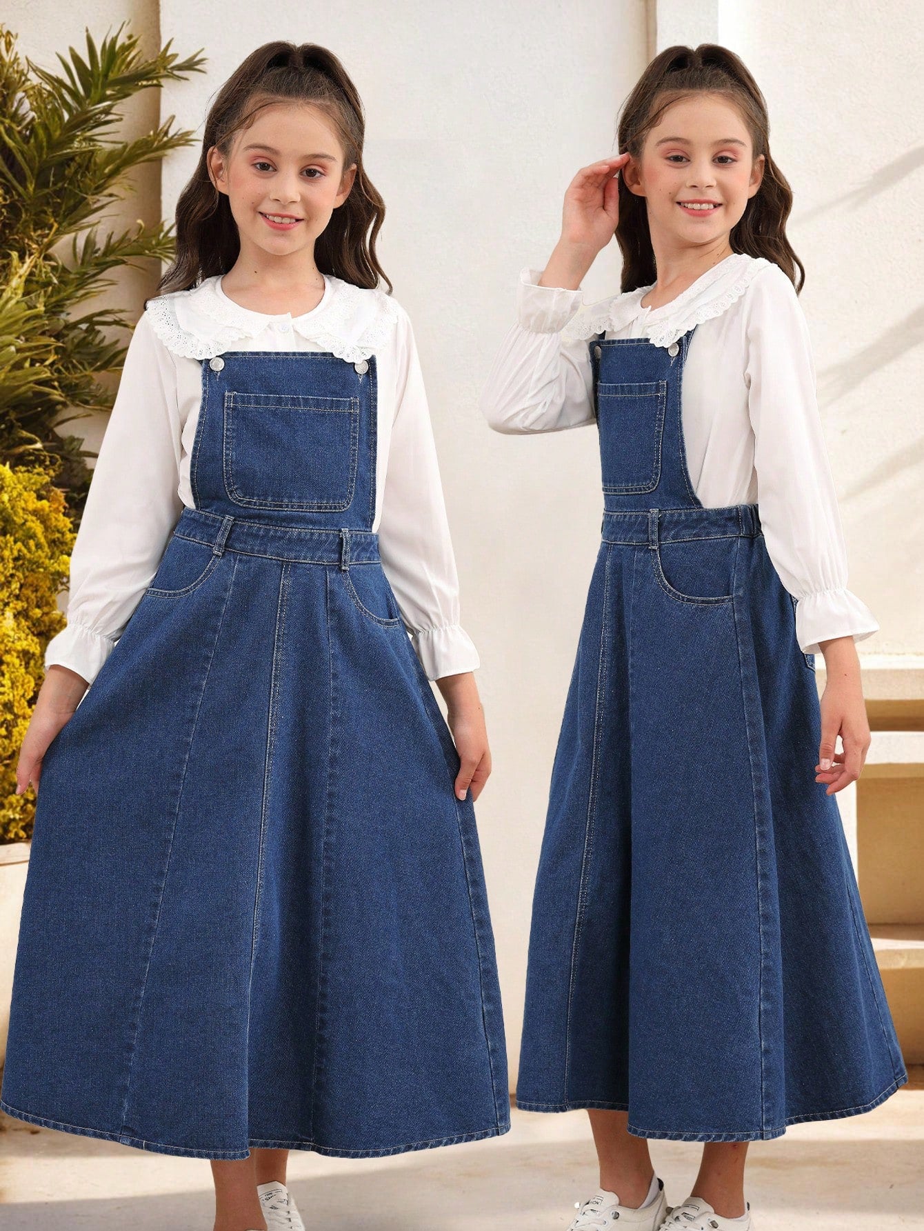 Loose Casual Denim Pinafore Dress With Large Skirt For Tween Girls, Retro College Style