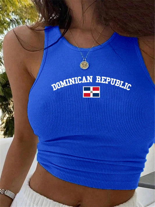 Women's Y2K Dominican Republic Flag Cropped Tank Top, Summer