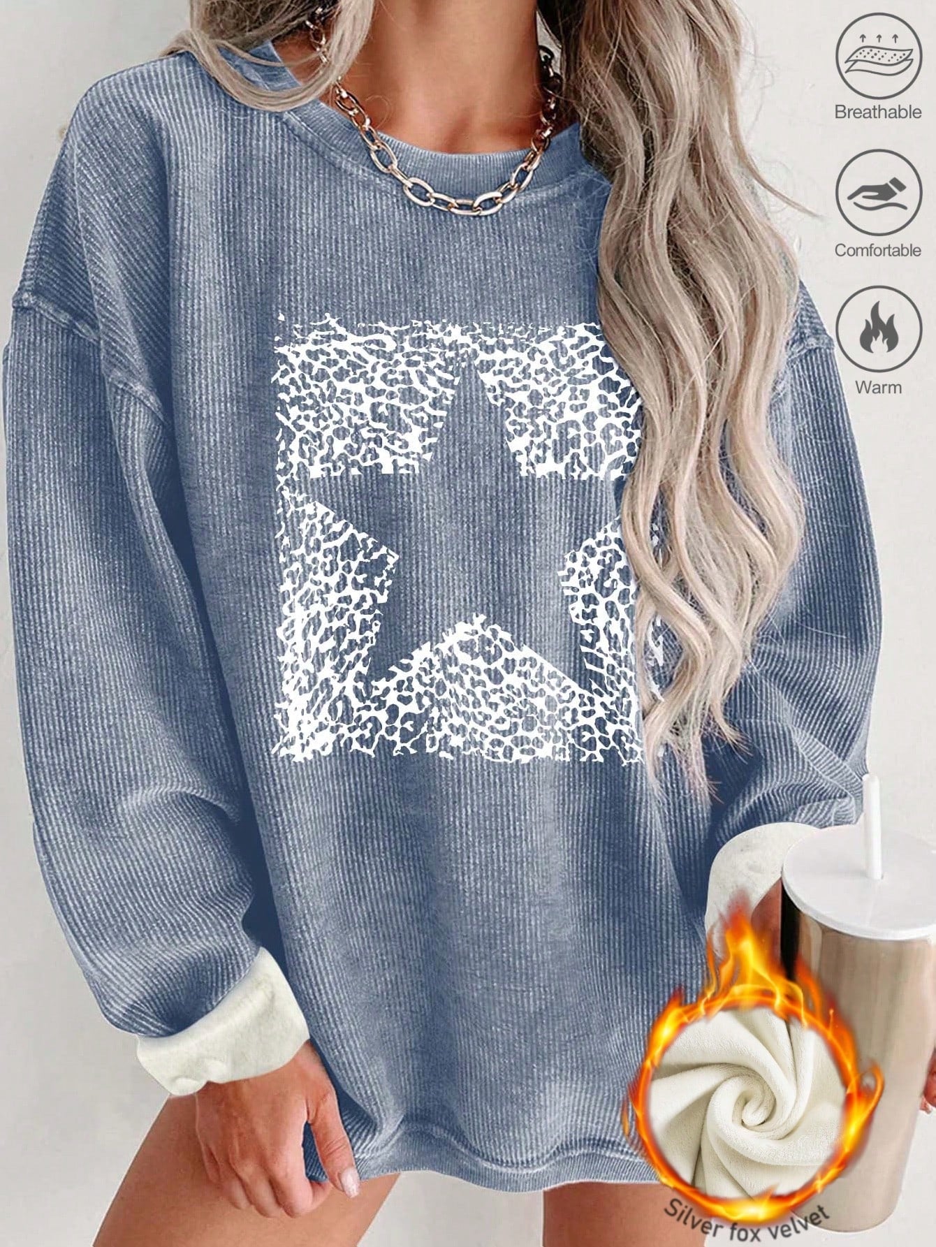 Women's Leopard Print Star Pattern Drop Shoulder Loose Casual Sweatshirt