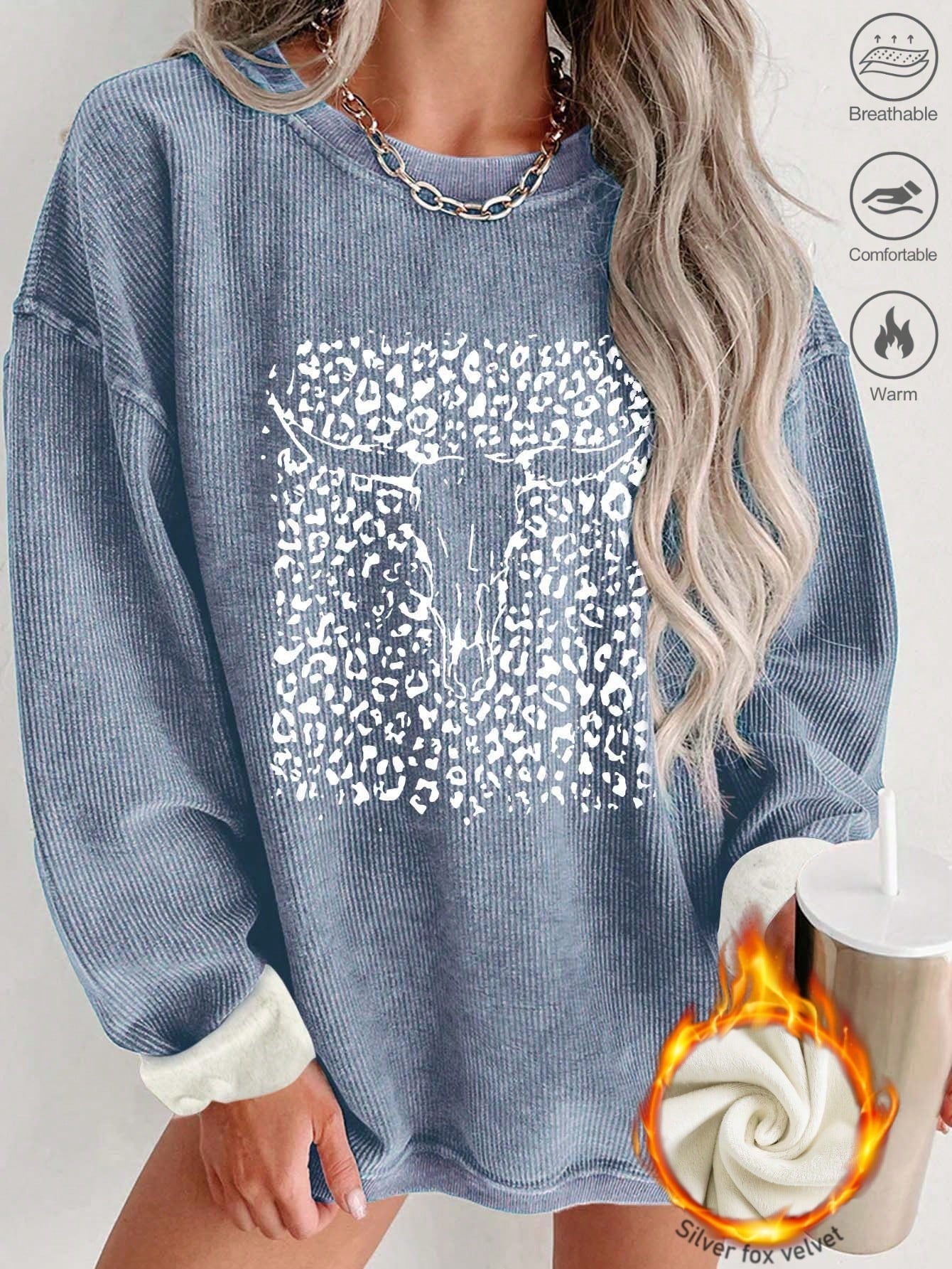 Women's Leopard Print Star Pattern Drop Shoulder Loose Casual Sweatshirt