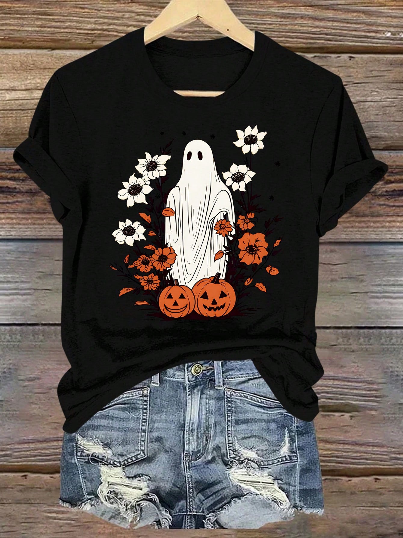 Plus Size Ghost & Pumpkin Print Round Neck Short Sleeve T-Shirt, Summer