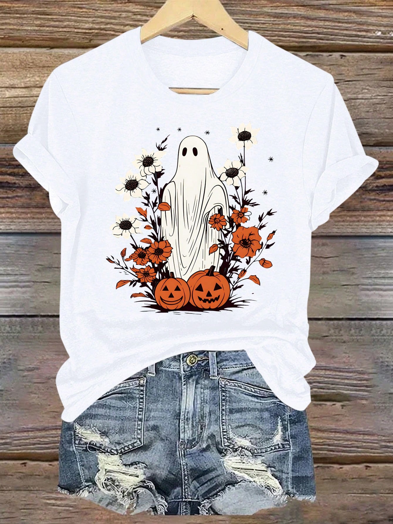 Plus Size Ghost & Pumpkin Print Round Neck Short Sleeve T-Shirt, Summer