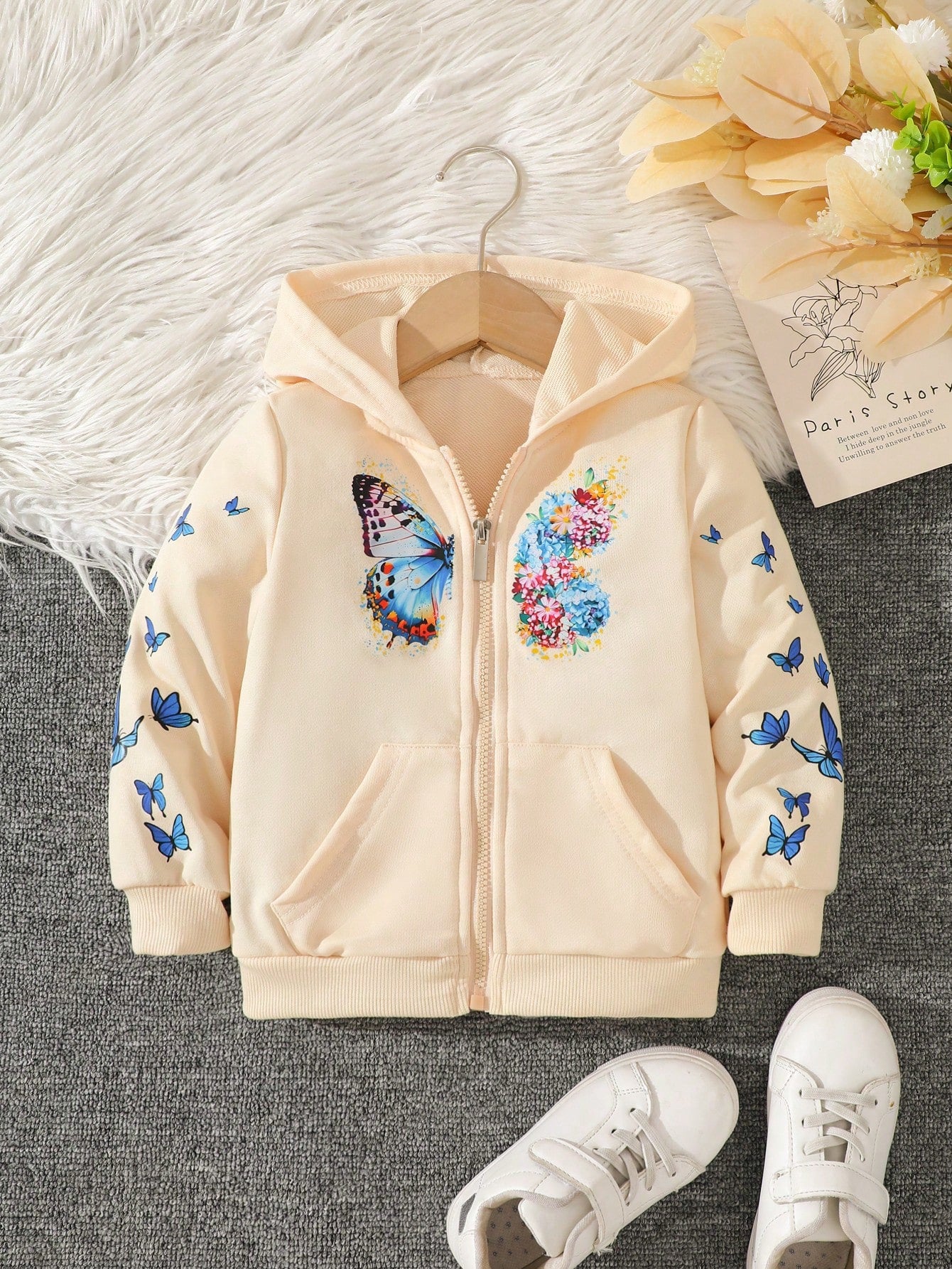 Toddler Girls' Spring/Autumn New Style Butterfly Print Hooded Casual Jacket