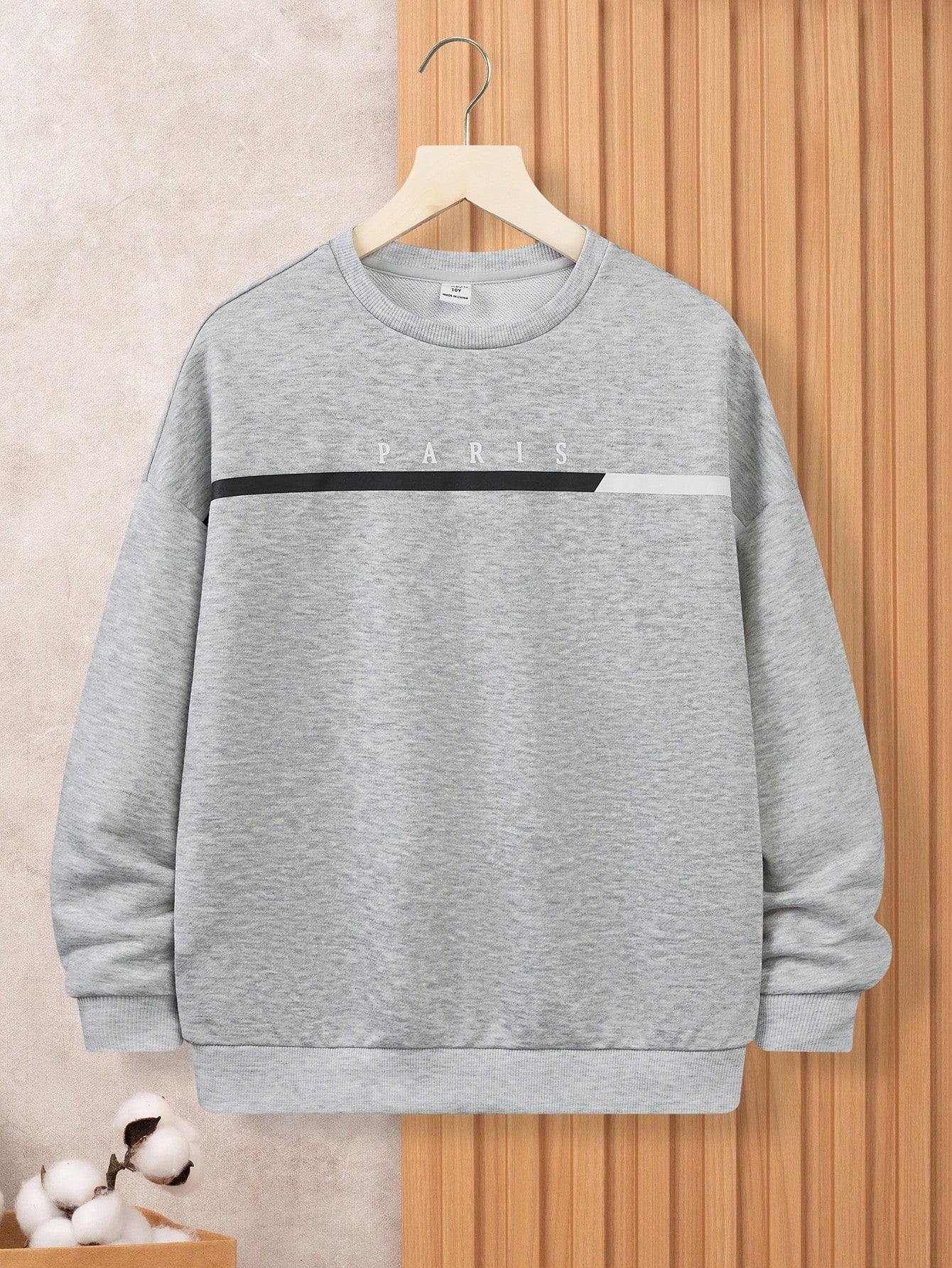 Tween Boy Loose Fit Casual Solid Color Basic Crew Neck Sweatshirt With English Pattern