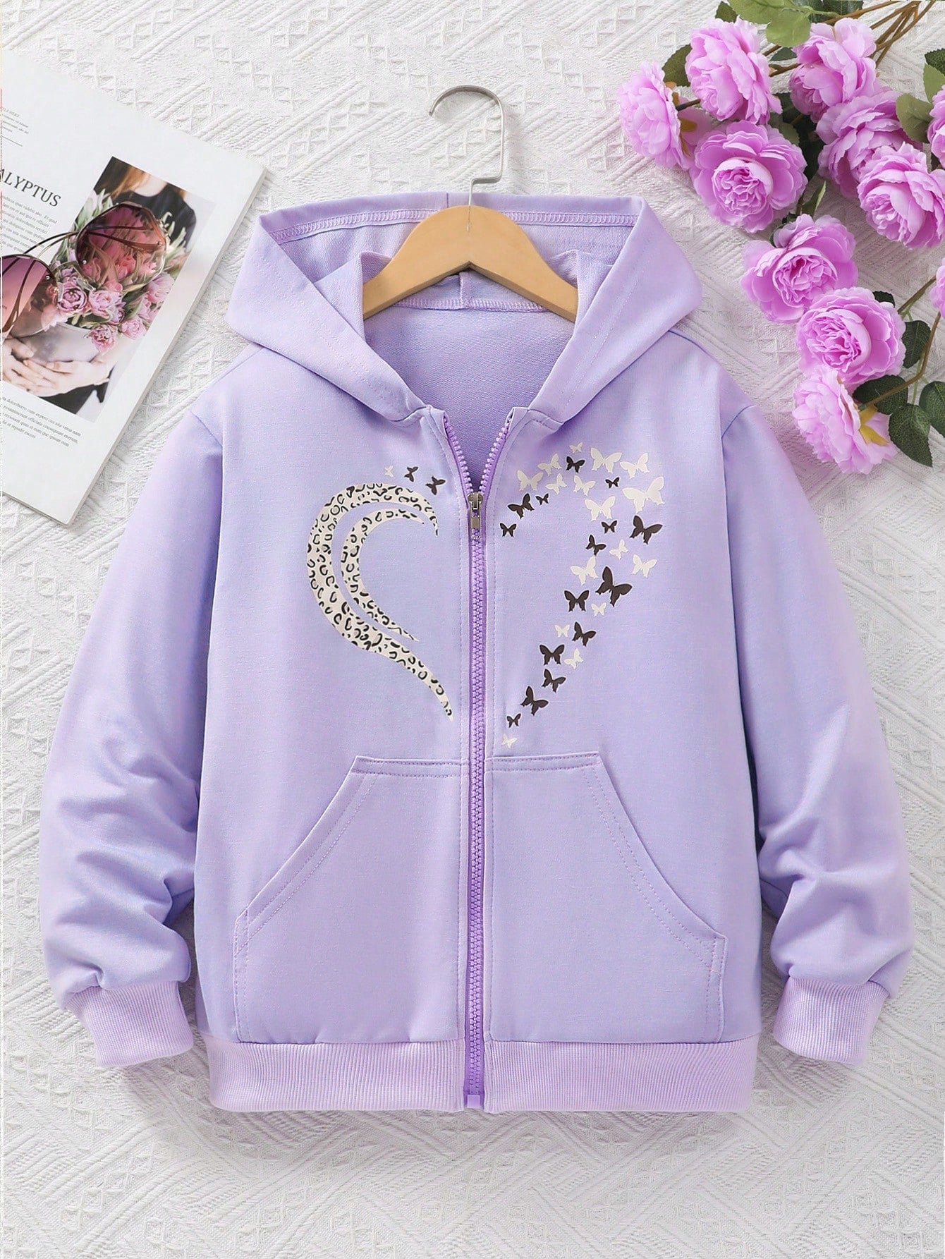 Middle And Large Children's Autumn And Winter Long-Sleeved Hooded With Pockets Butterfly Heart Print Sweatshirt Zipper Girl Jacket