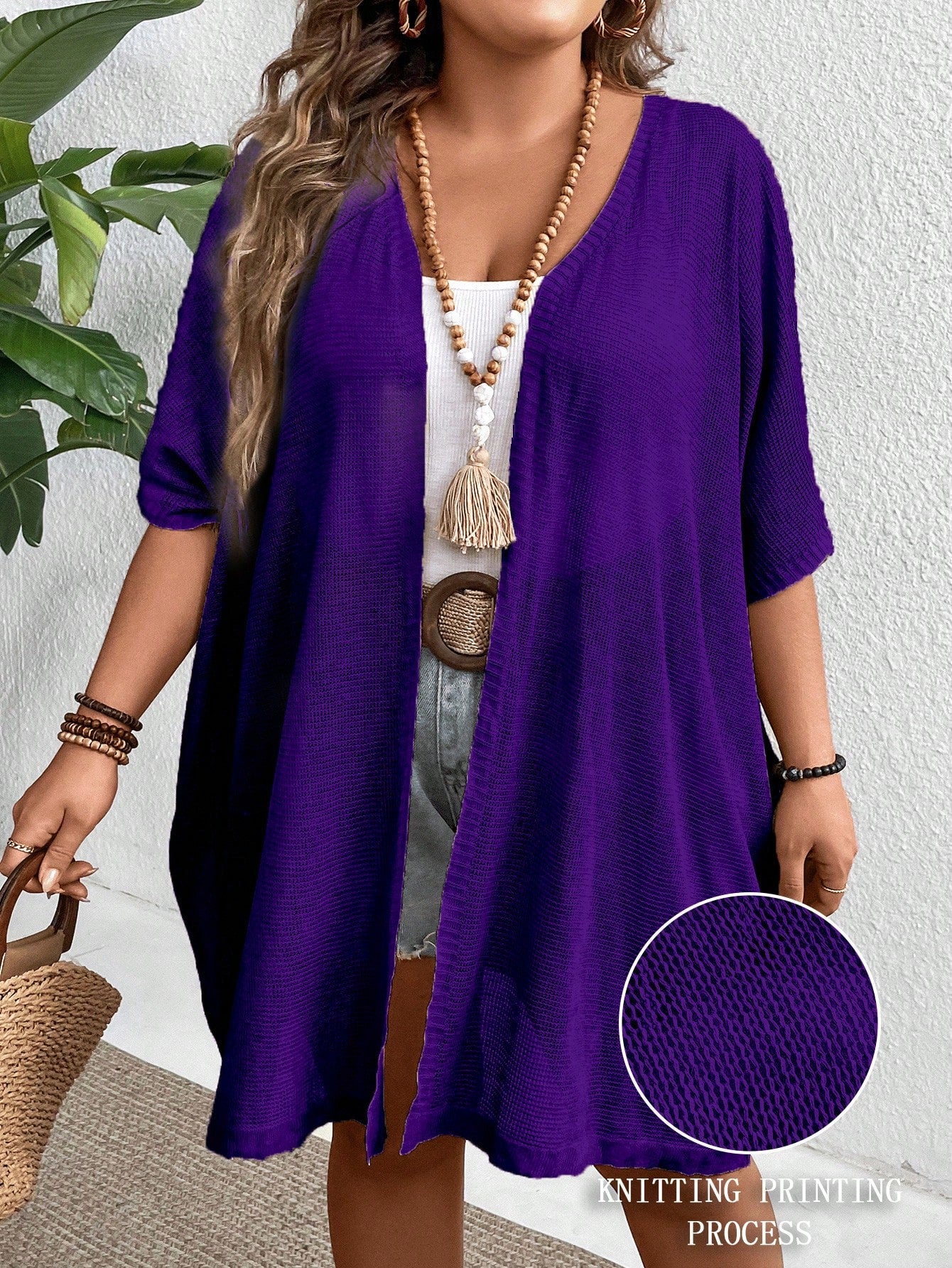 Plus Size Solid Color See-Through Sweater Cardigan With Half Sleeves