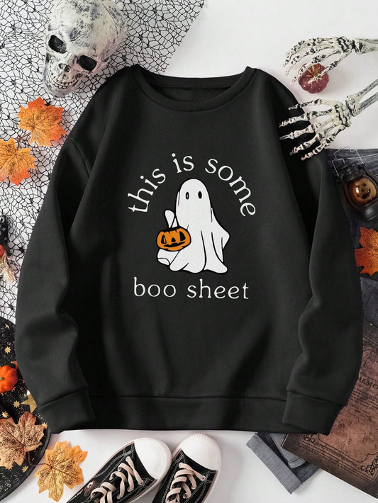 Relaxiva Women Pumpkin Ghost Halloween Graphic Crew Neck Long Sleeve Sweatshirt, Autumn Winter