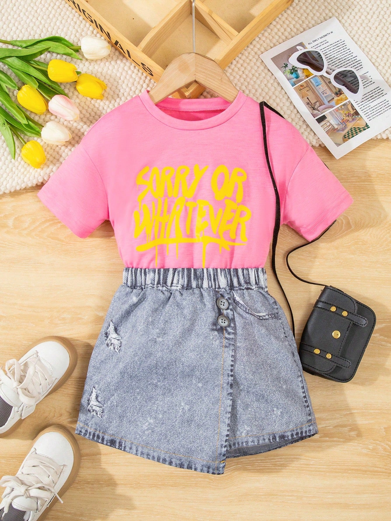 Young Girl Summer Leisure Cute Cartoon English Letter Print Short Sleeve Top And Imitation Denim Print Skort Two Piece Set