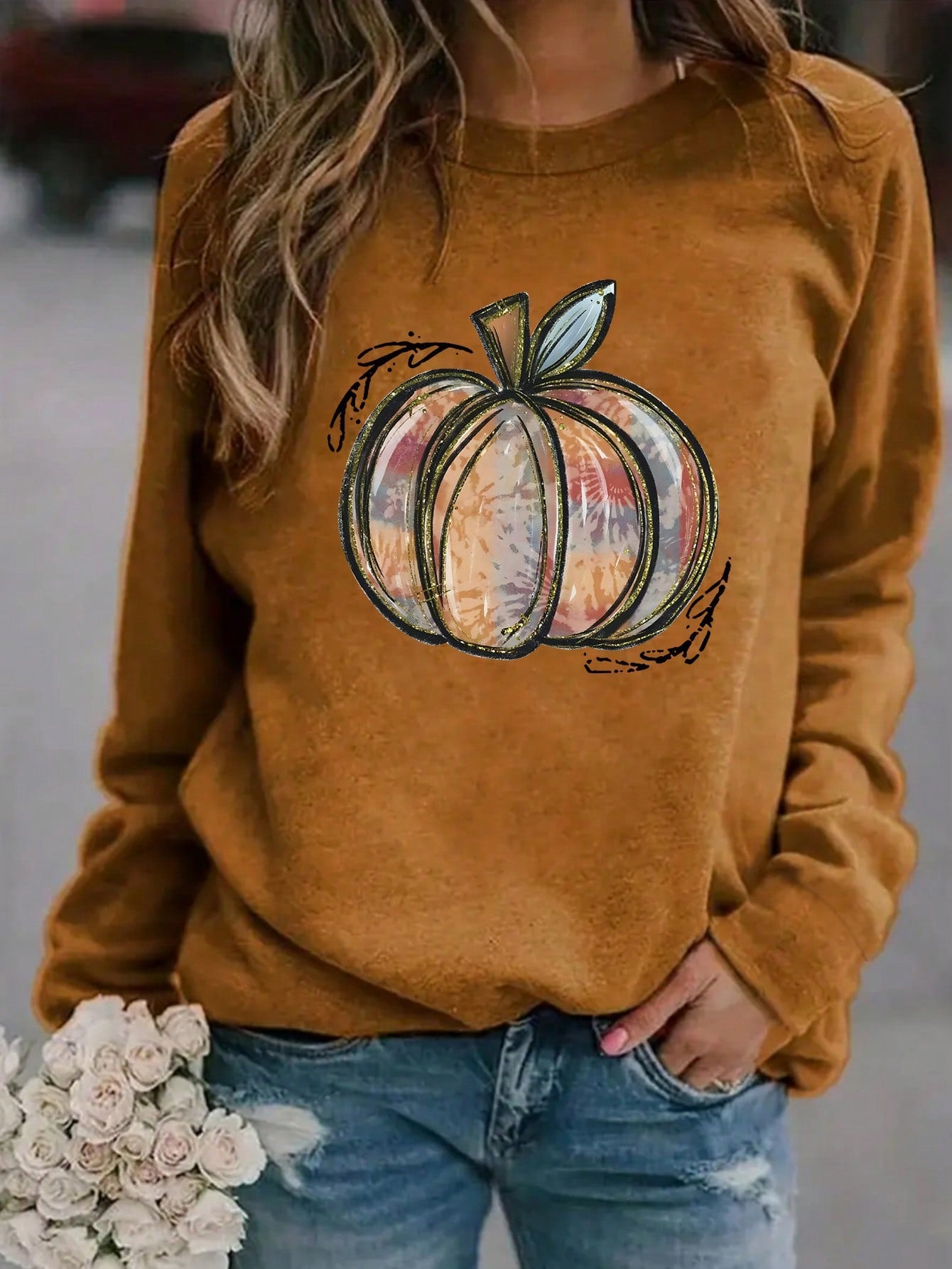 Plus Size Pumpkin Printed Round Neck Long Sleeve Sweatshirt, Casual Daily Wear