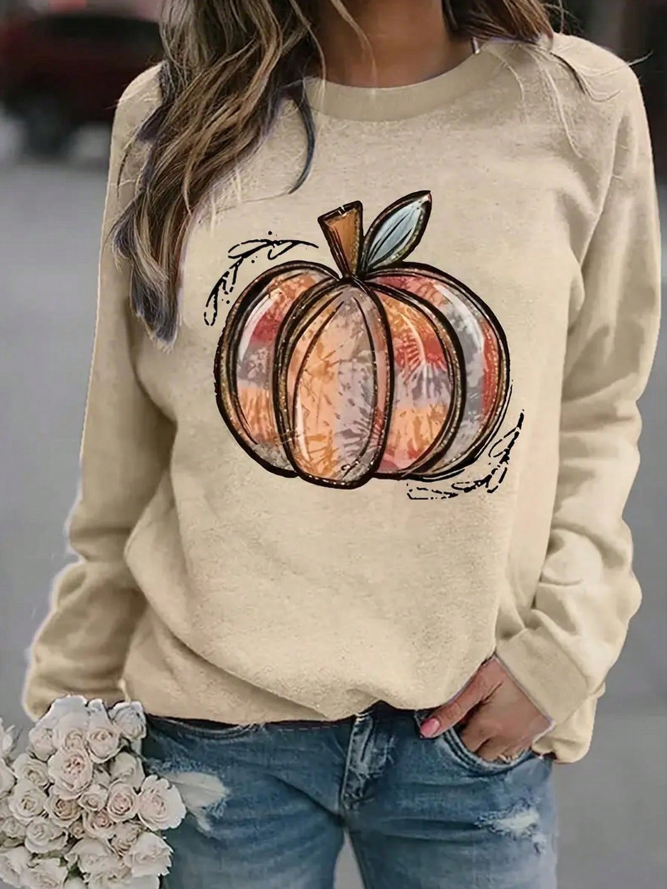 Plus Size Pumpkin Printed Round Neck Long Sleeve Sweatshirt, Casual Daily Wear