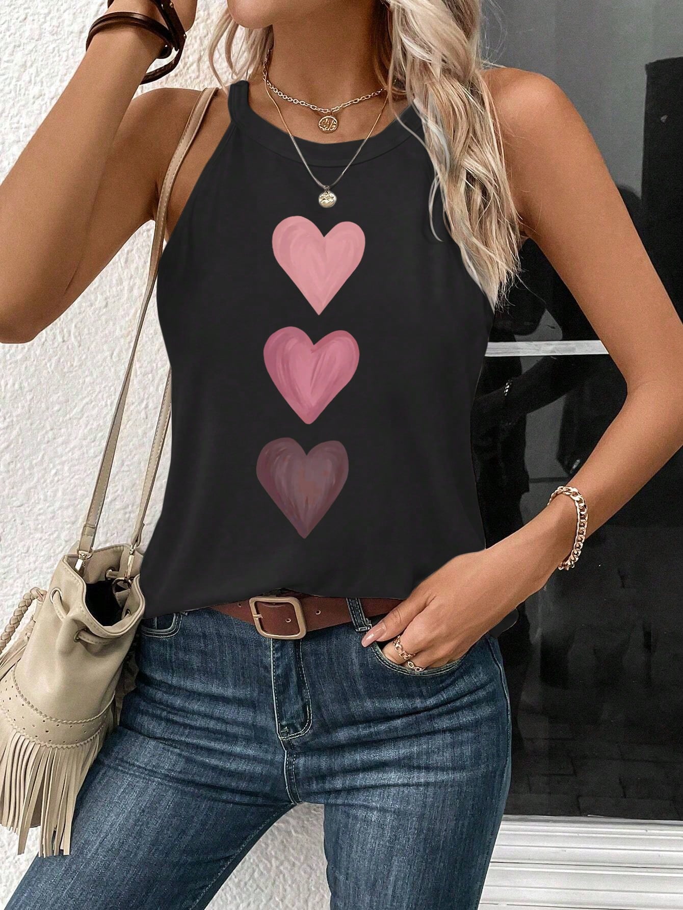 Heart Shaped Pattern Casual Sleeveless Top, Suitable For Summer, Slim Fit Women's Tank Top