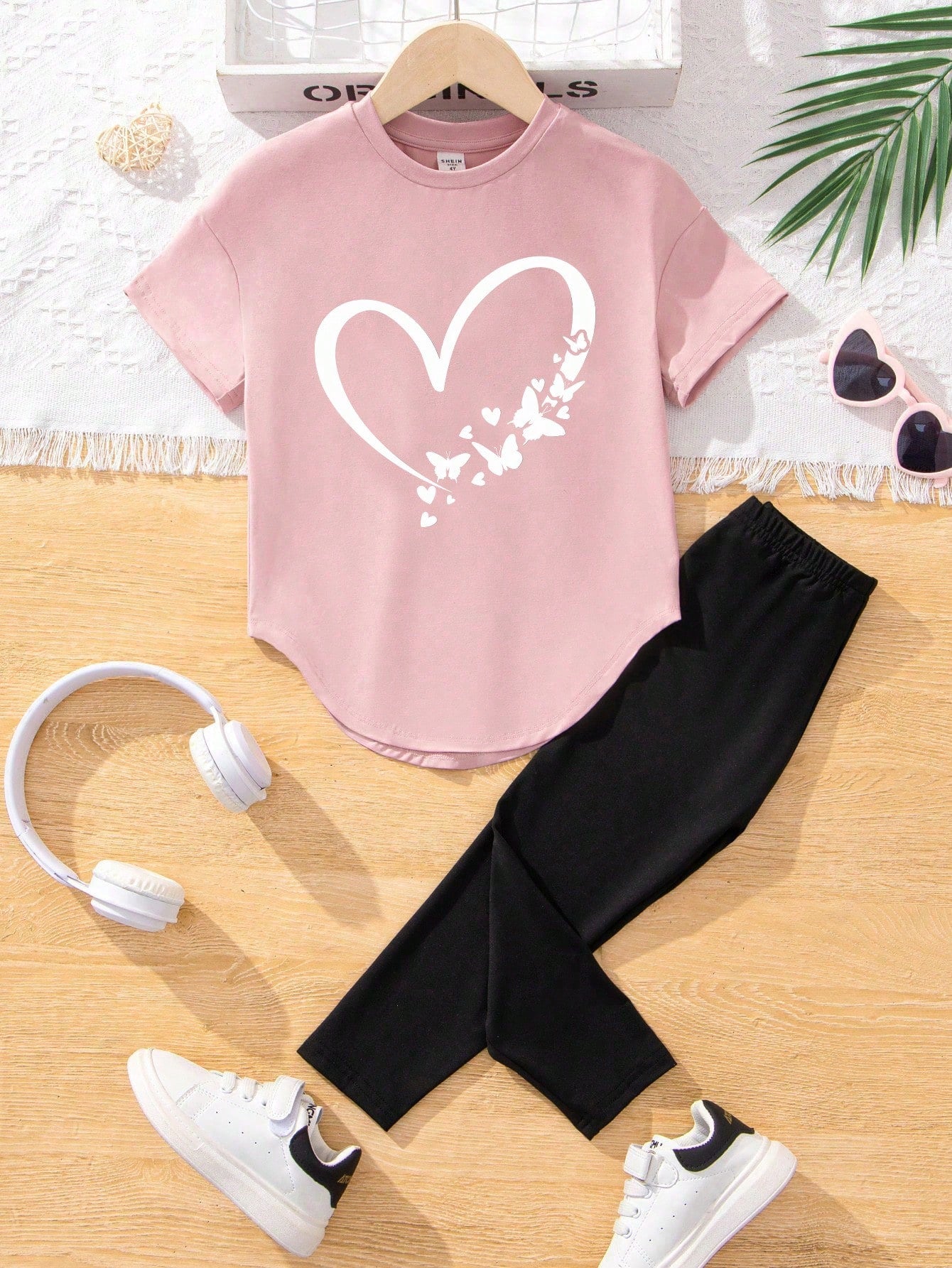 Young Girl 2pcs/Set Casual Heart Pattern Pink Short Sleeve T-Shirt And Long Pants, Summer