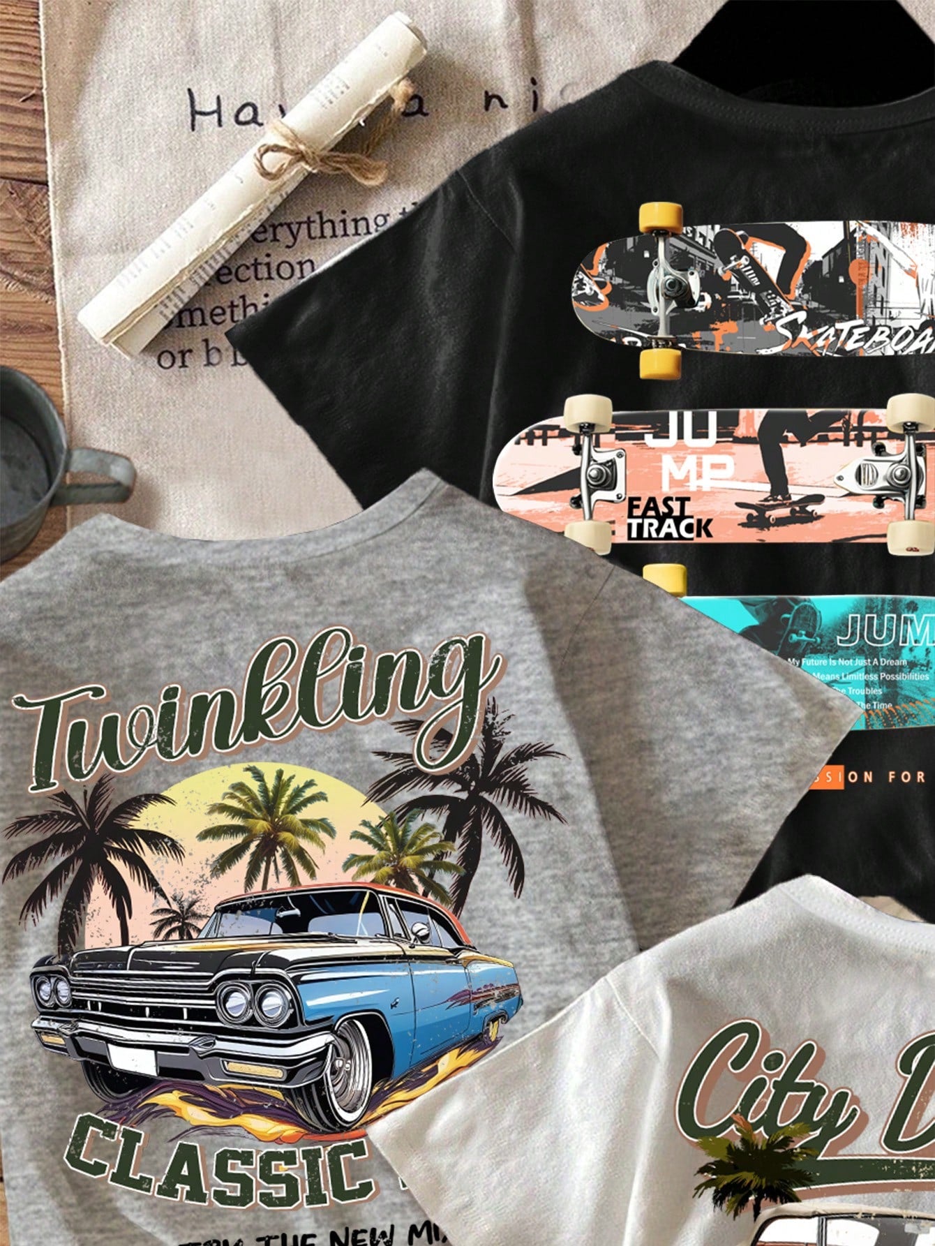 3pcs/Set Tween Boys' Casual Loose Vintage Car & Skateboarding Print Crew Neck Short Sleeve T-Shirt, Summer