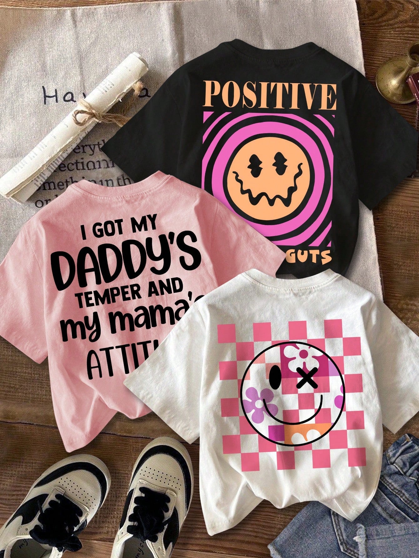 Simple And Cute Casual Cartoon Smile Face And Letter Printed Short Sleeve T-Shirt Set In White, Black, And Pink Colors. Suitable For Summer Back To School Outfits, Cute Shirts And Funny Tops For Tween Girls