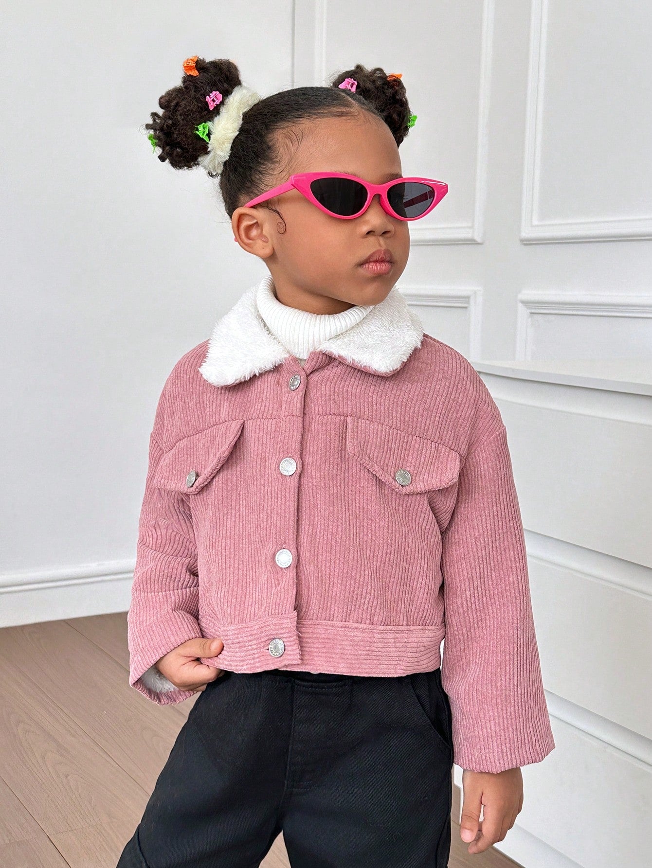 Young Girl Borg Collar Teddy Lined Corduroy Jacket