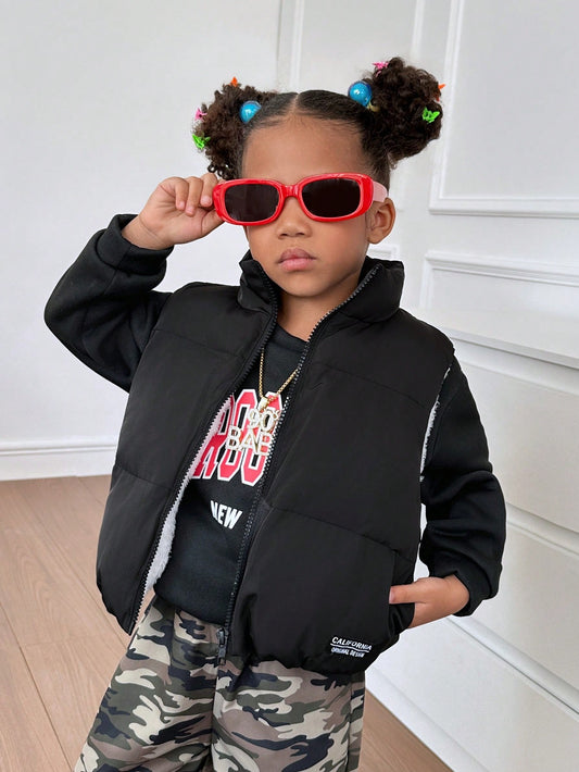 Young Girl 1pc Letter Patched Slant Pockets Sleeveless Puffer Padded Coat