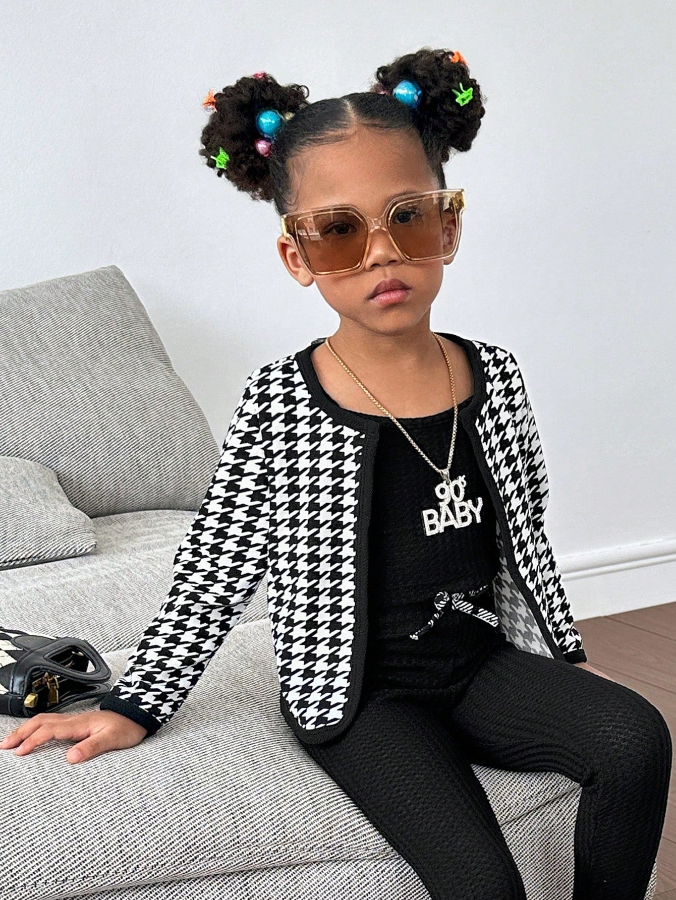 Young Girl Houndstooth Print Open Front Jacket