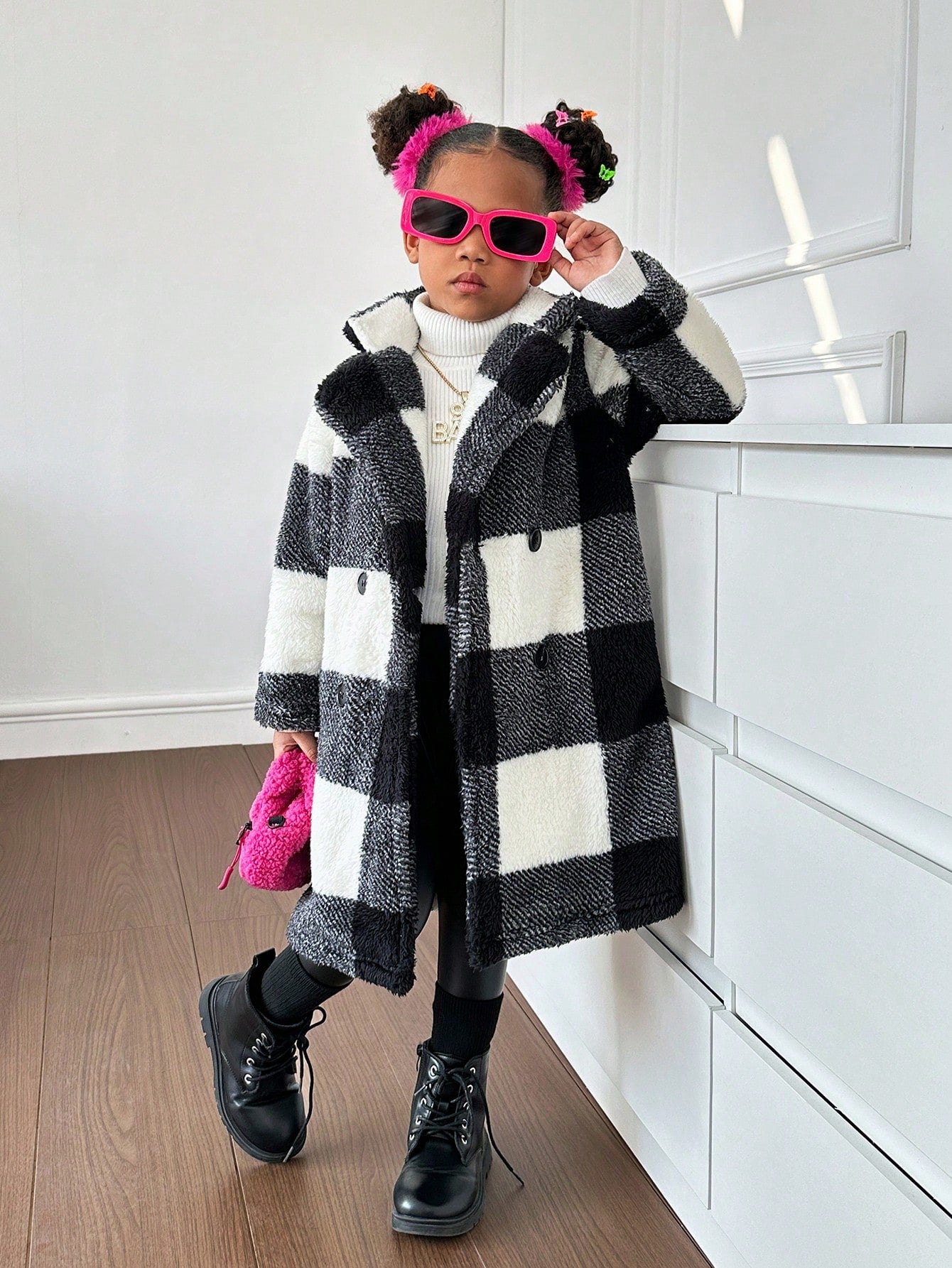 Young Girl Buffalo Plaid Pattern Lapel Neck Teddy Coat