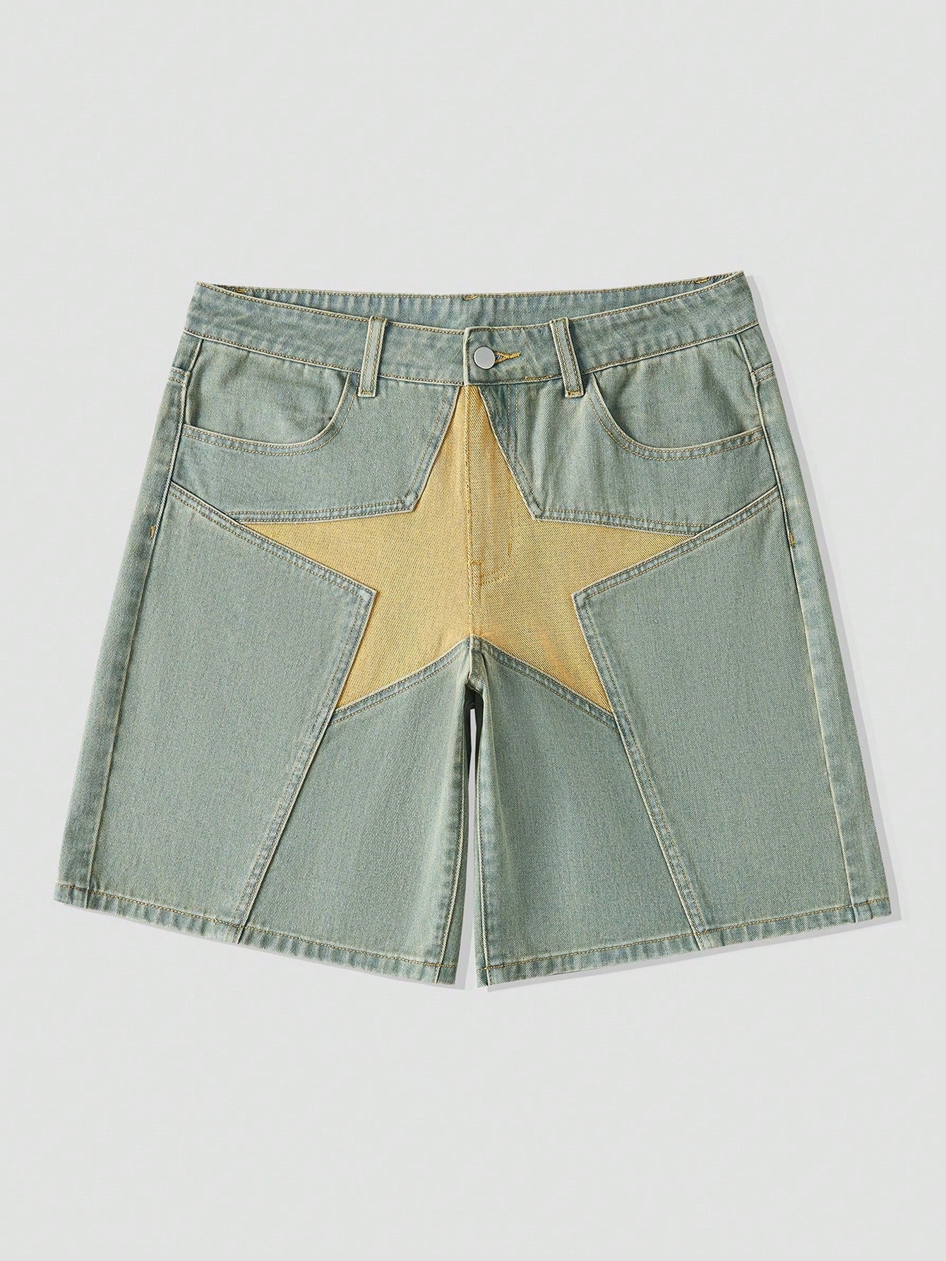 Men Color-Blocking Star Pattern Denim Shorts