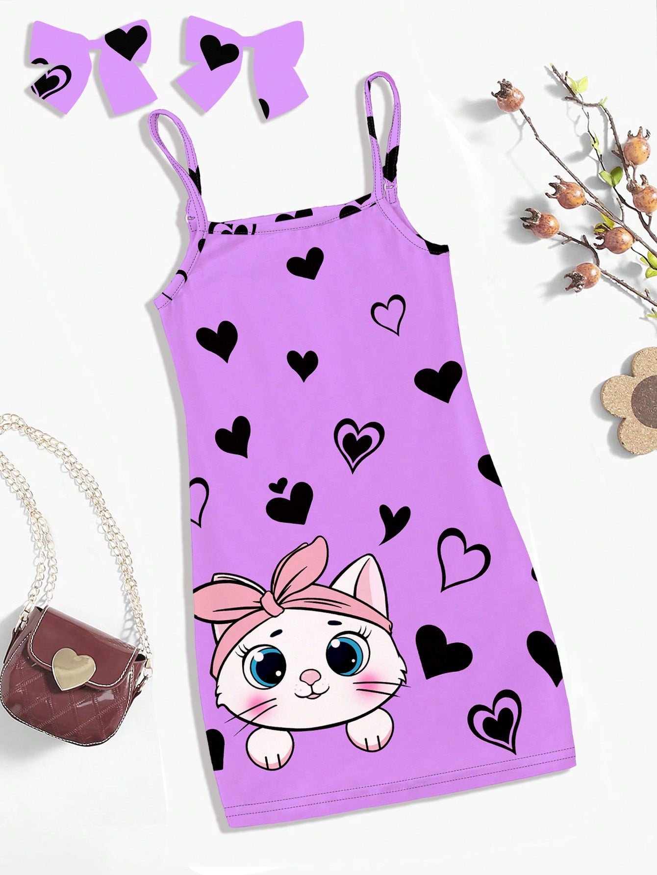 Young Girl Pink Cat Heart Printed Cartoon Dress, Casual Cami Dress Suitable For Summer