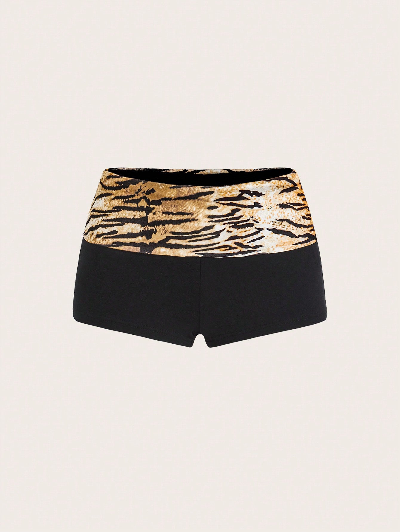 Leopard Print Foldover Waist Ultra Low Rise Super Short Mini Black Shorts