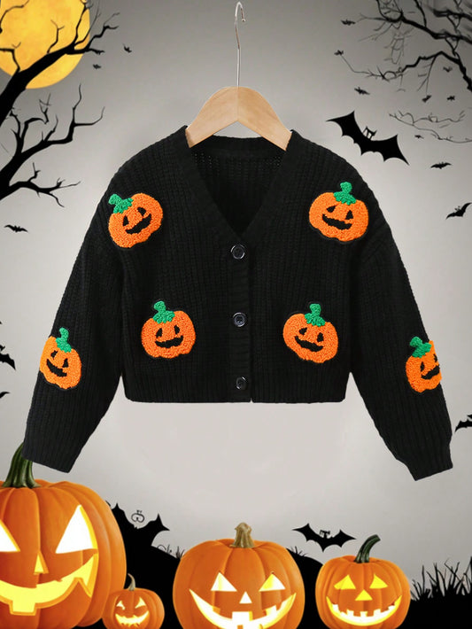 Young Girls Halloween 3D Pumpkin Pattern Embroidery Drop Shoulder Cardigan,Great For Casual & Daily Wear & School Daily In Autumn & Winter,Cute & Vintage,Halloween Outfits