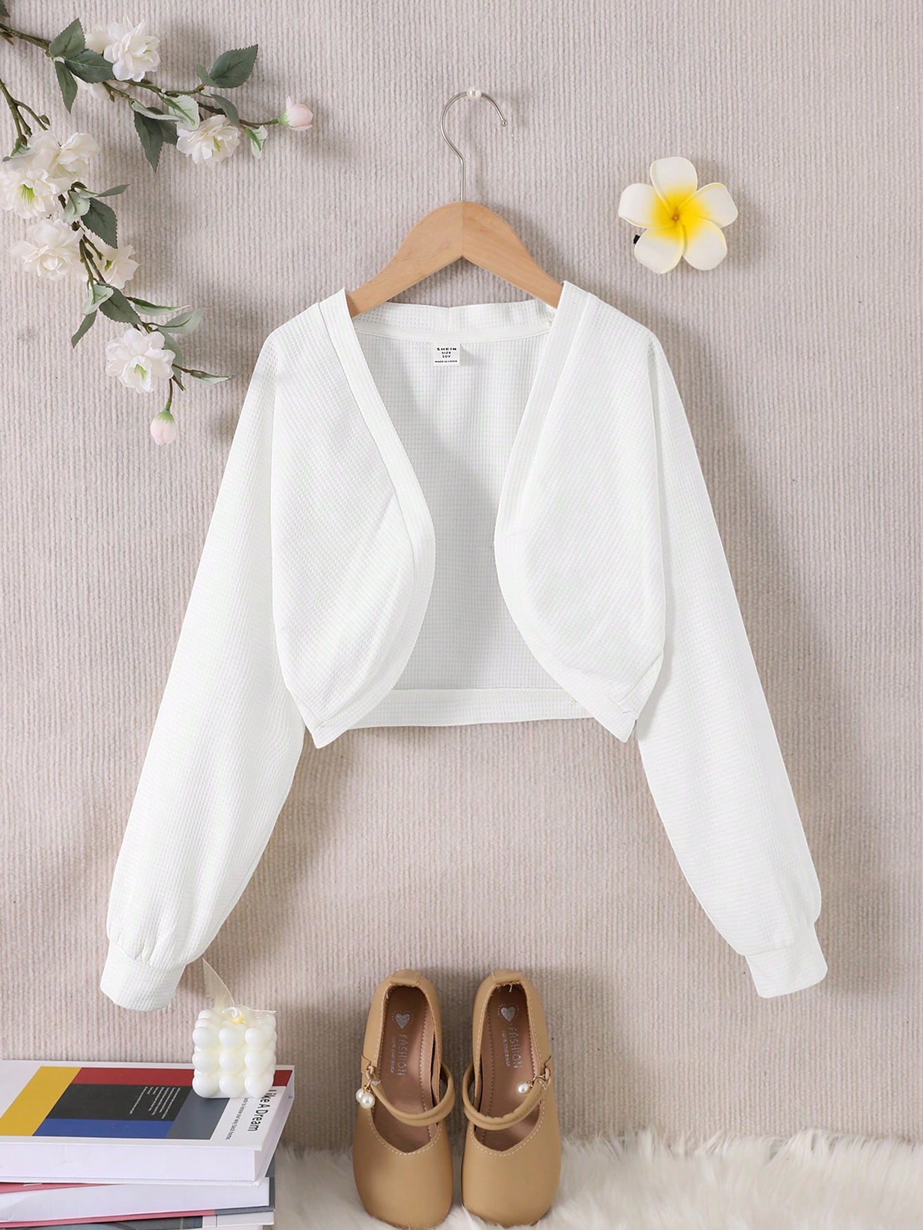 Tween Girls' Casual White Waffle Crop Cardigan Jacket