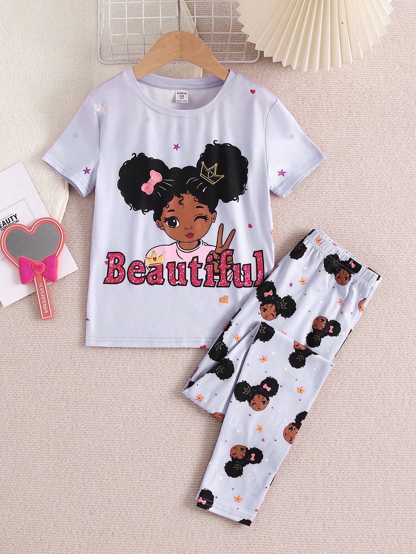 Tween Girl Snug Fit Cartoon Printed Short Sleeve Top And Long Pant, Cute & Breathable Knitted Home Pajama Set, 2pcs