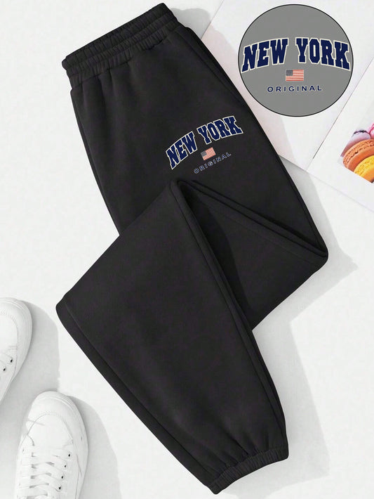 Black Plus Size Women's Casual Sports Sweatpants With "New York" English Text Print