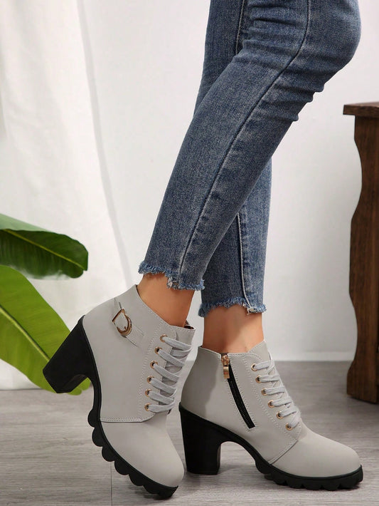 Women's Solid Color Platform Boots, Lace Up Side Zipper Slip On Round Toe Chunky Heel Shoes, Casual Comfy Shoes